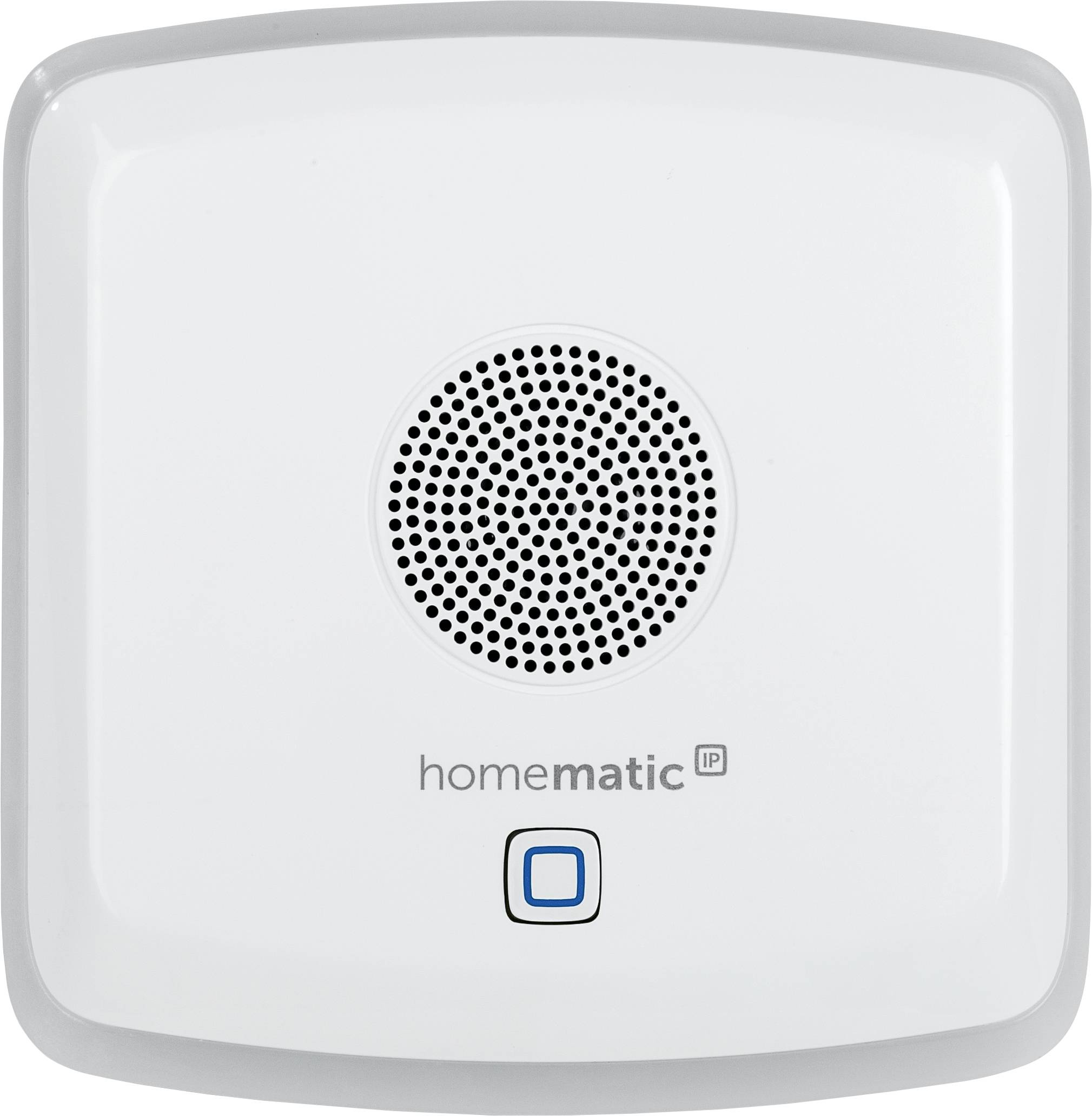 Square smoke detector with a central speaker grille and a blue button underneath. Inscription: 'homematic IP'.
