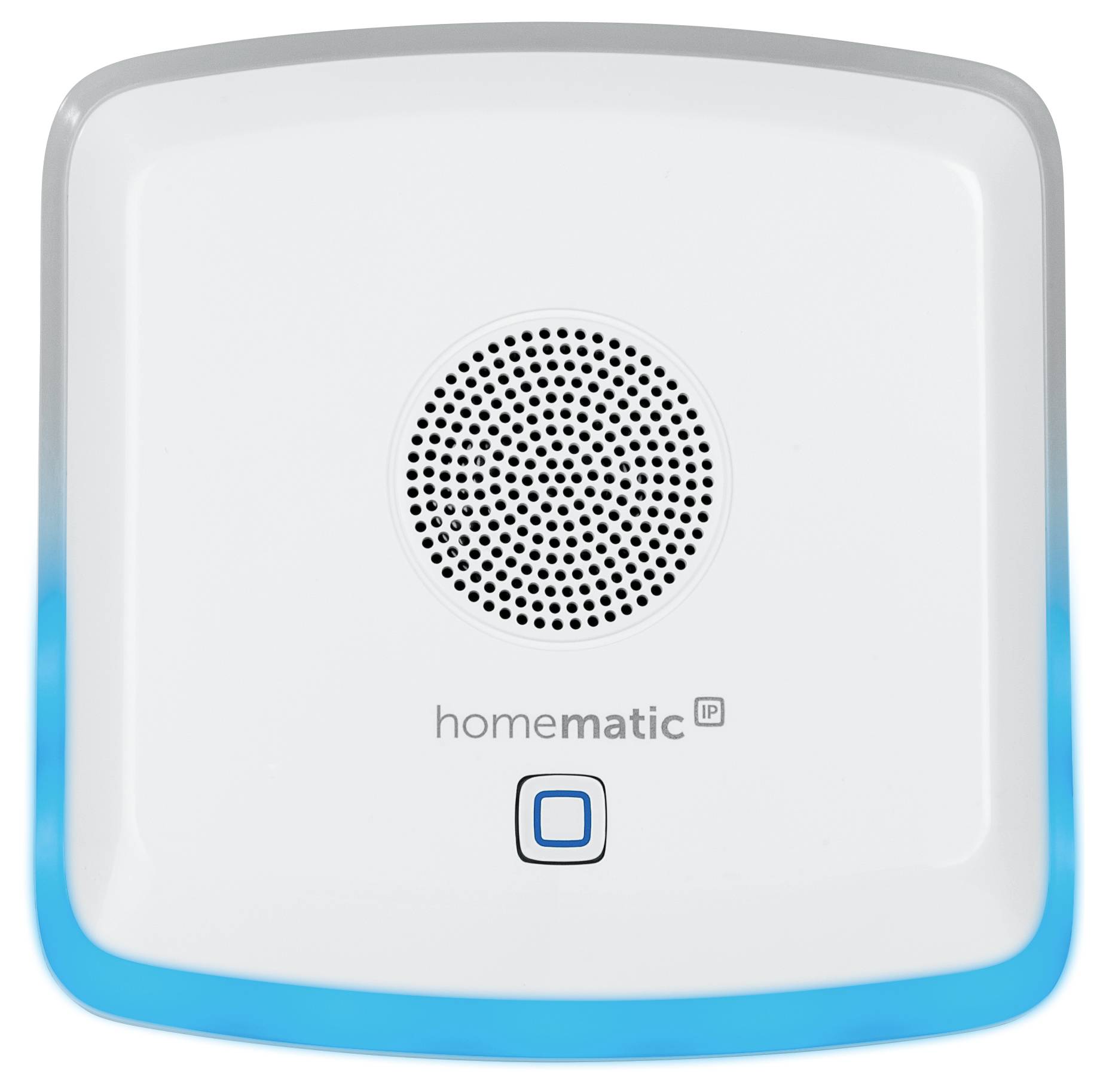A white square alarm device with a speaker grille in the centre, with the 'homematic IP' logo underneath and a blue button.