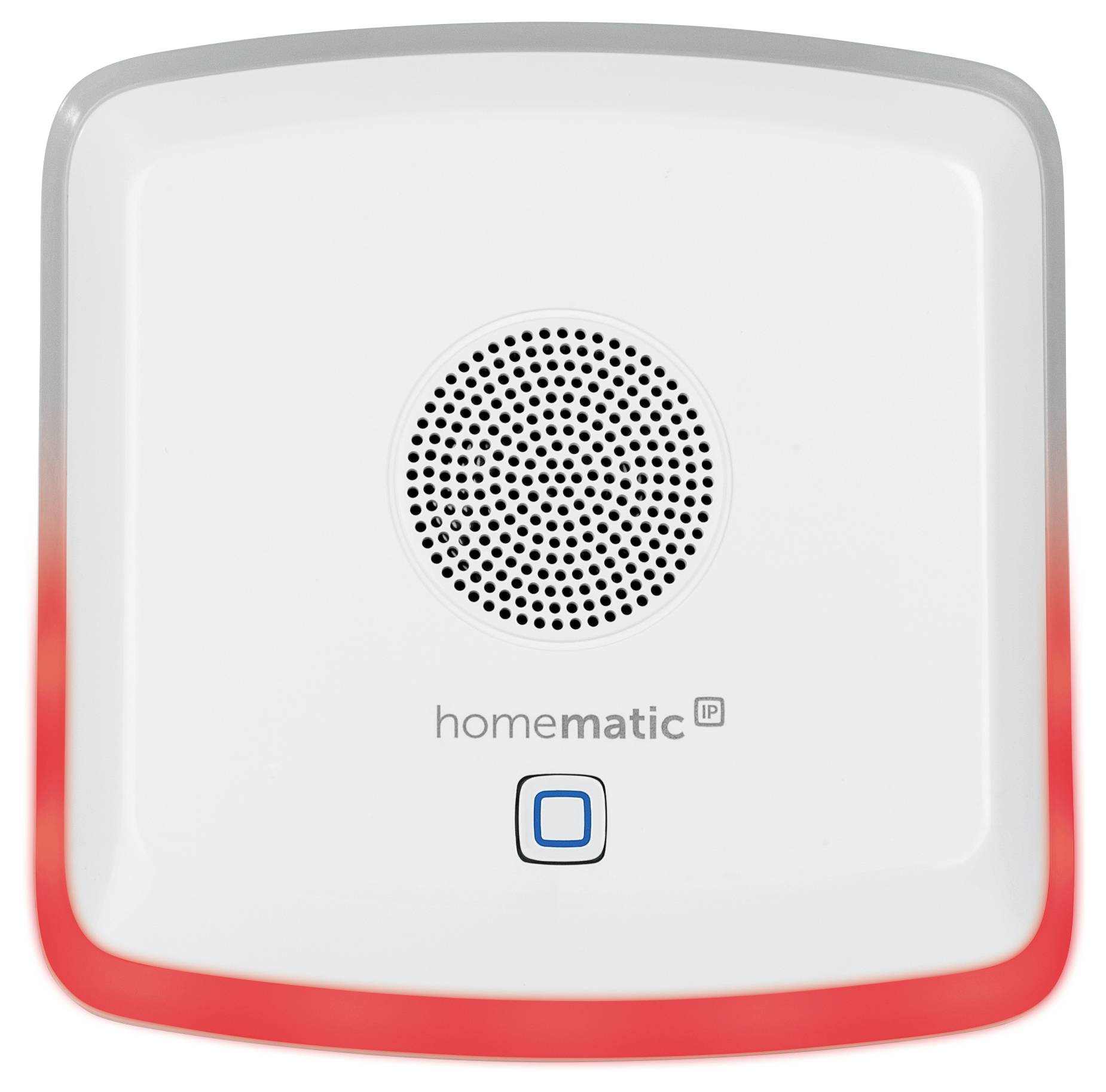 A smoke detector with a square design, illuminated in red at the bottom. A speaker grille is located in the centre, with the 'homematic IP' logo positioned beneath it.