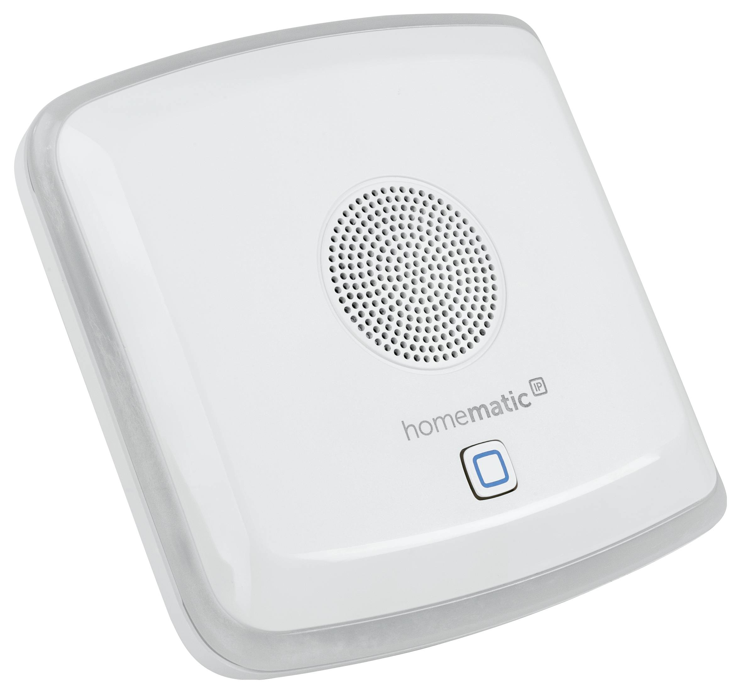 White, square smoke detector with a grey border and a central grille, with a blue button underneath inscribed with 'homematic IP'.