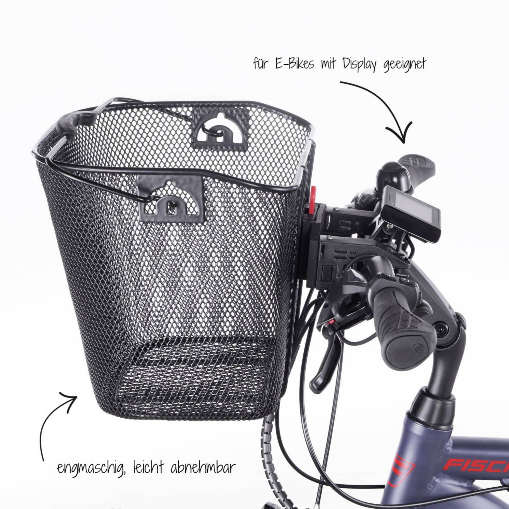Bicycle basket with fine-mesh netting, easily removable, suitable for e-bikes with display. Attaches to bicycle handlebars.