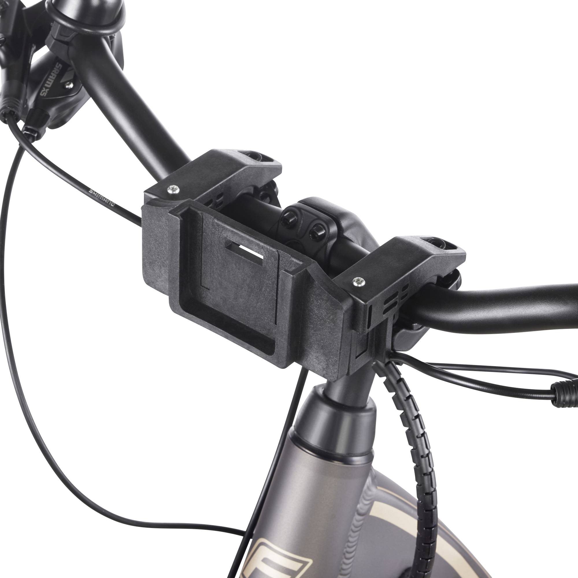 Close-up of a bicycle handlebar with a mount. Cables are attached underneath the handlebar. Frame is brown.