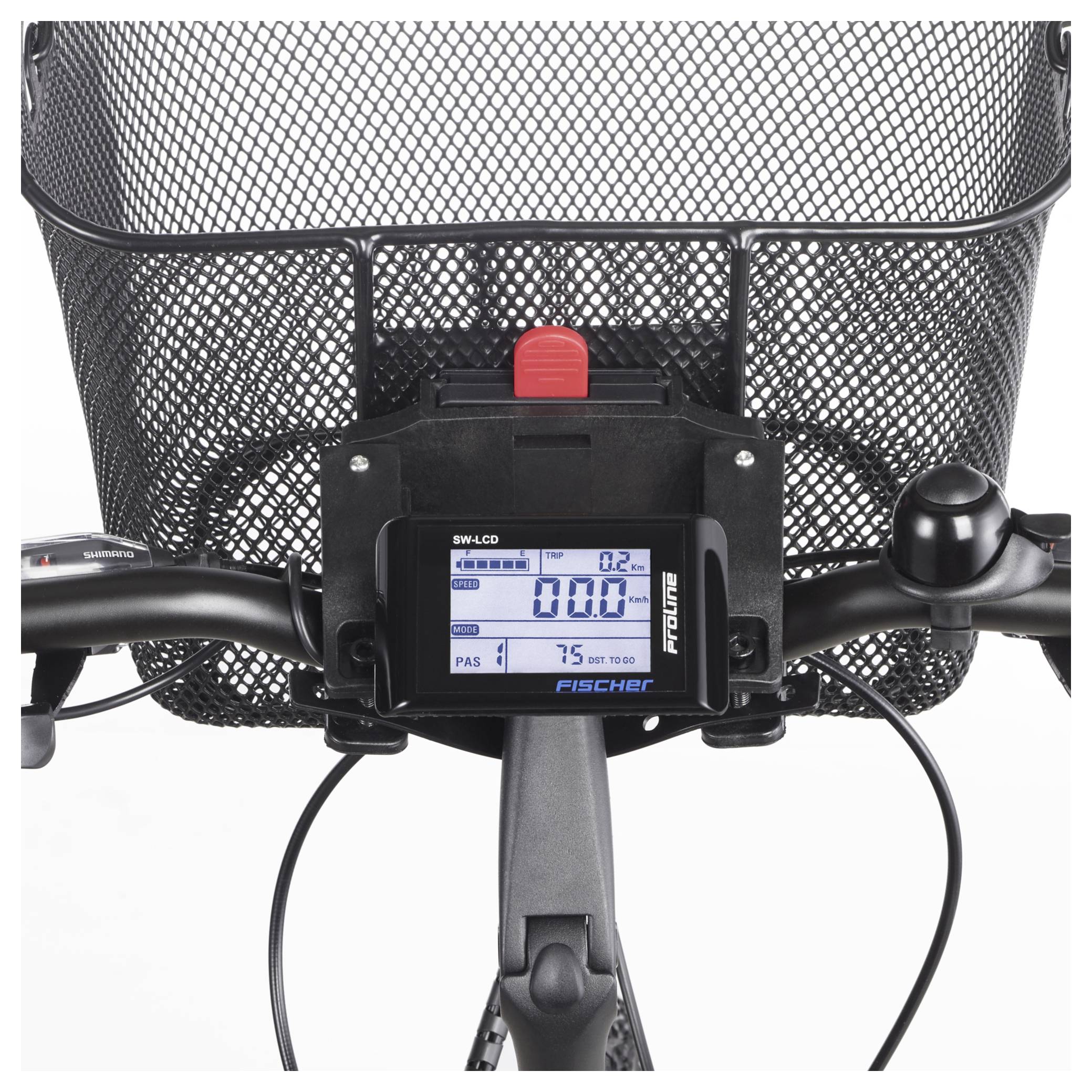 A bicycle handlebar with a wire basket and digital display. The display shows speed, distance, and other riding information.