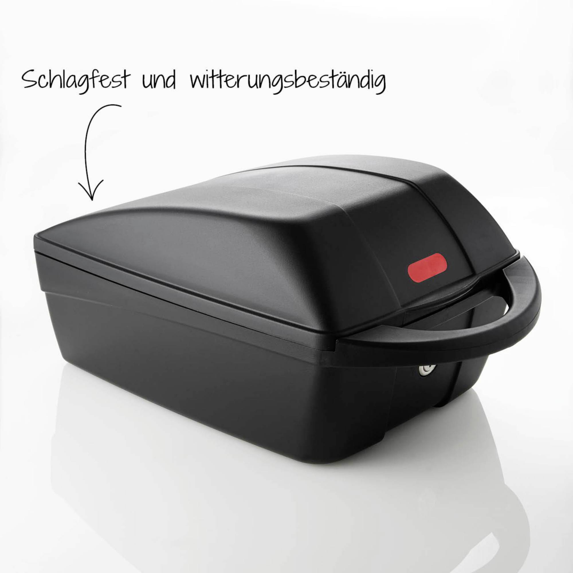 A black, robust transport case with a handle and a lock. Inscription: 'Impact-resistant and weather-proof'.