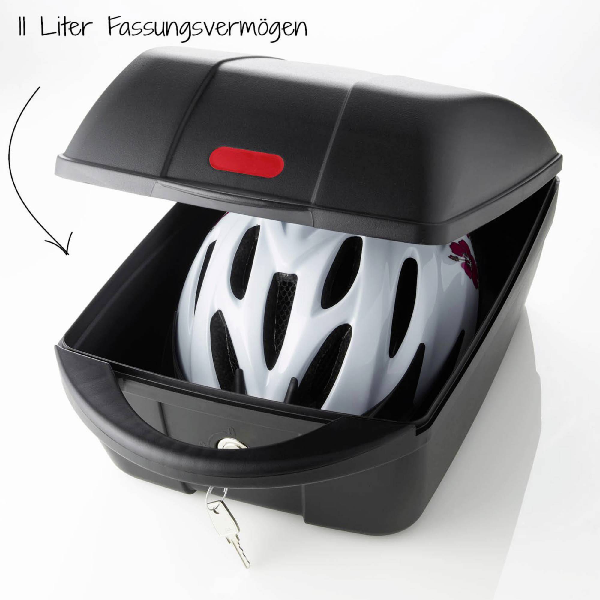 Rear rack box with an 11-litre capacity. A bicycle helmet is visible inside, indicating the box's size.