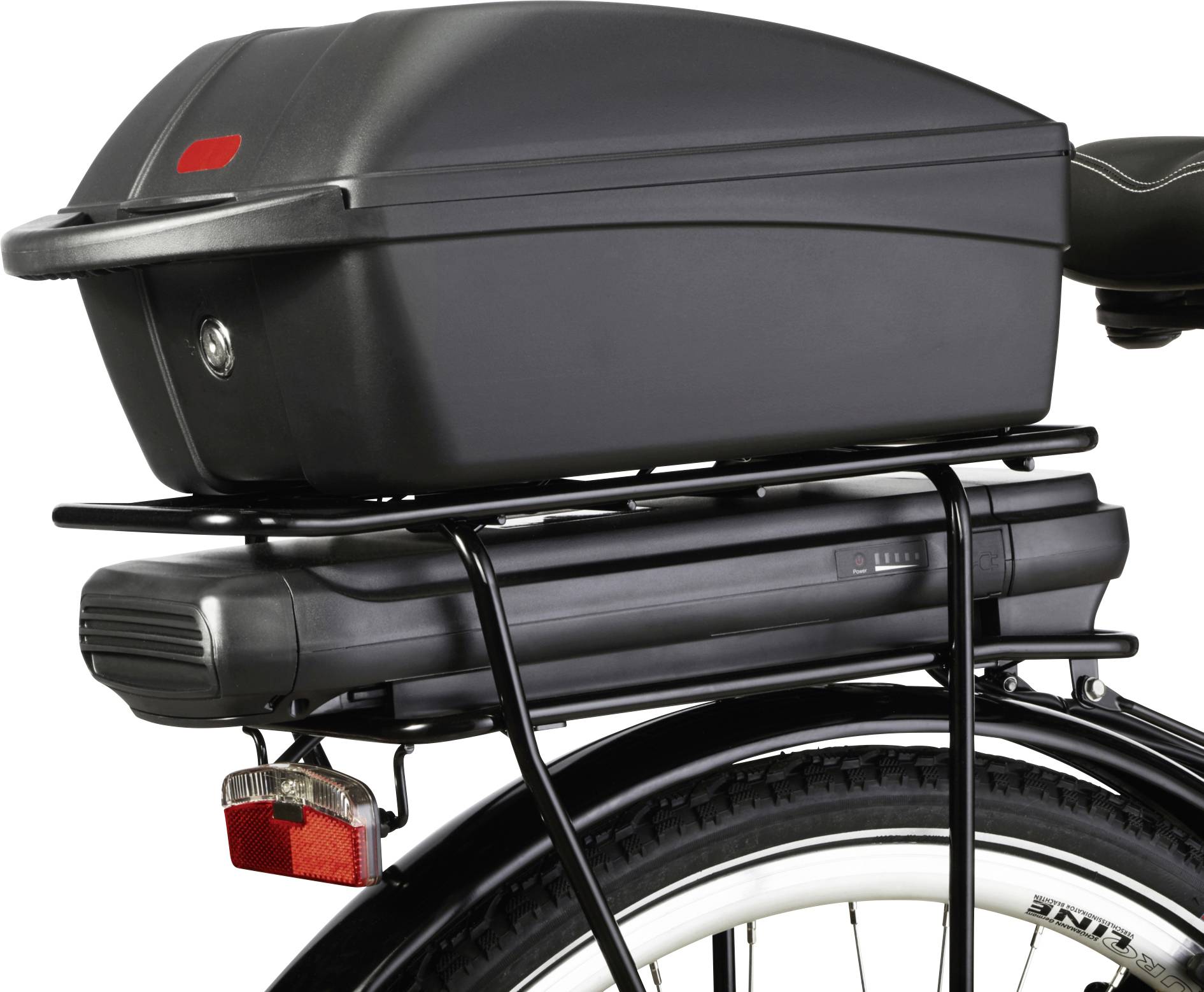 Black bicycle with a pannier rack and lockable box, with a battery underneath. At the back, a red rear light and tyres with white sidewalls.