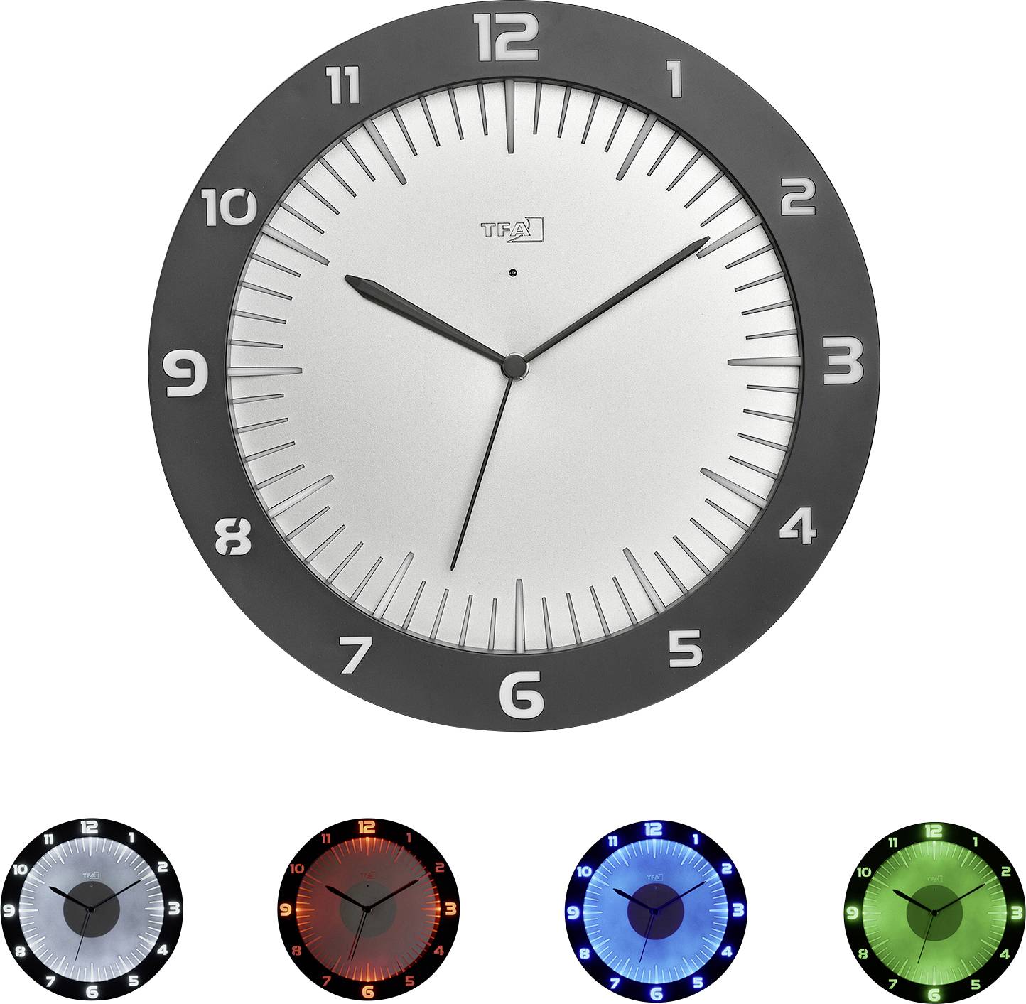 A silver wall clock with black numerals and hands, showing 10:10. Beneath it, four smaller colourful clock variations in blue, red, green, and white.