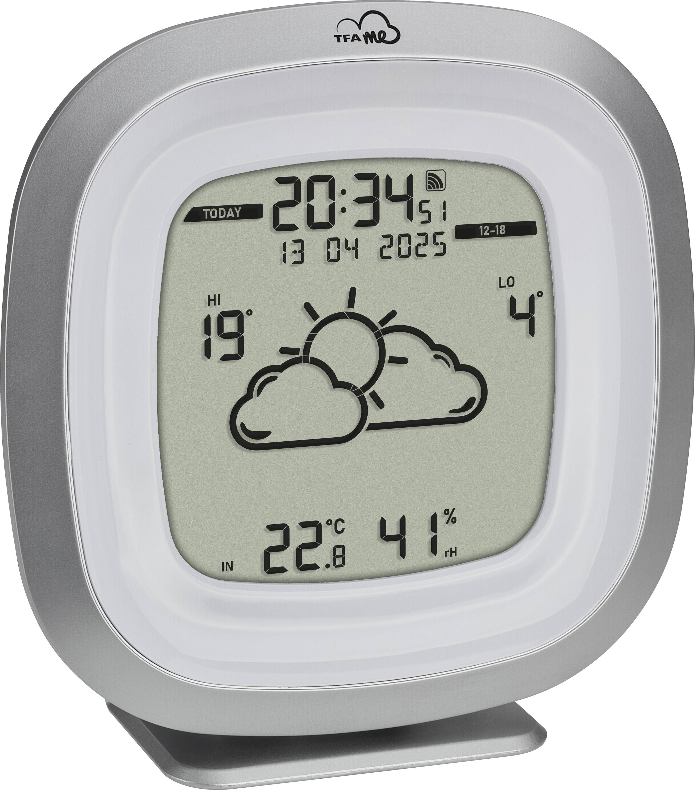 Digital thermometer with clock. Shows 20:34, date 13/04/2025. Weather: Cloudy, maximum temperature 19°C, minimum temperature 4°C.