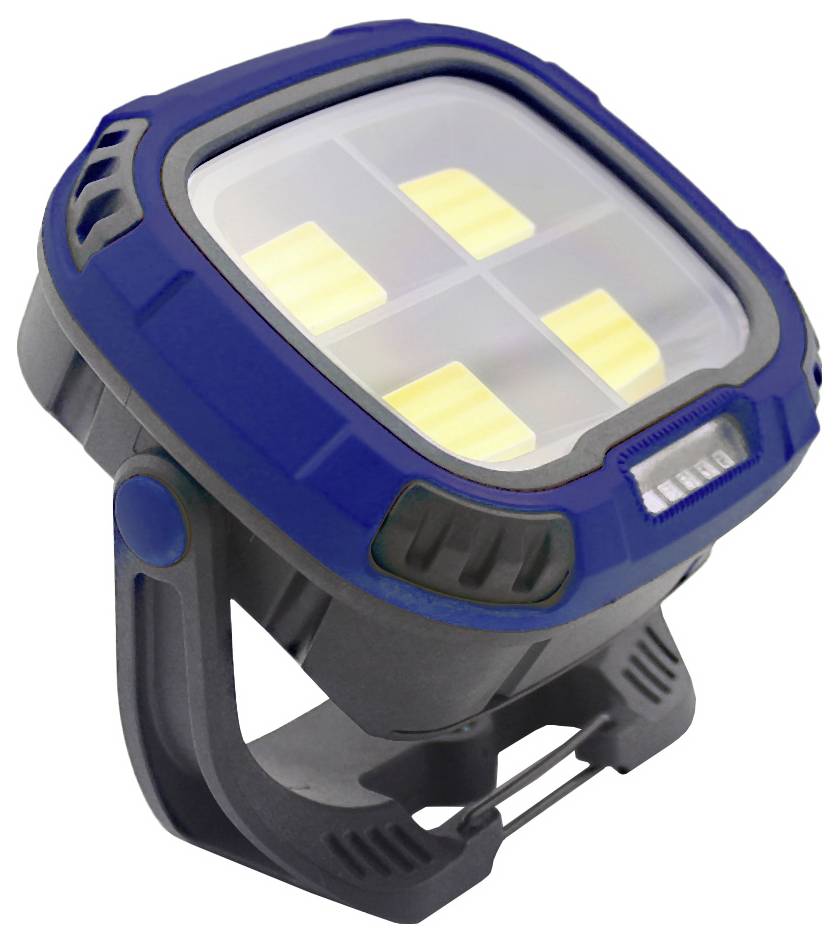 Blue LED spotlight with four visible lights, portable design and a stand base for hands-free functionality.