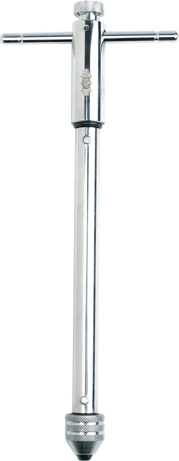 A vertically displayed adjustable T-handle metal tool holder used for holding drilling or cutting tools.