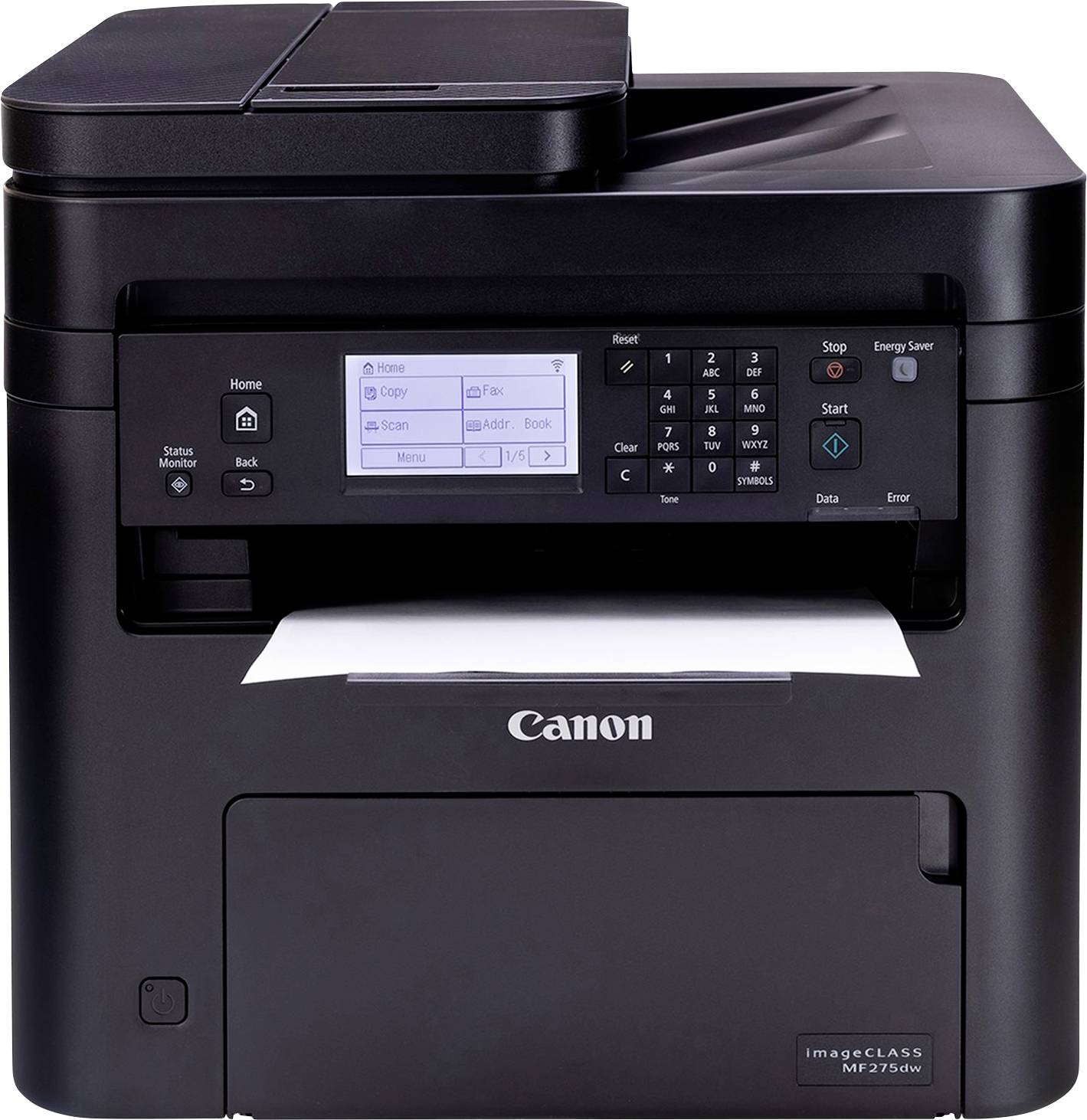 Black multifunction printer with digital display. Shows options for copying and settings. Paper tray visible at the front.