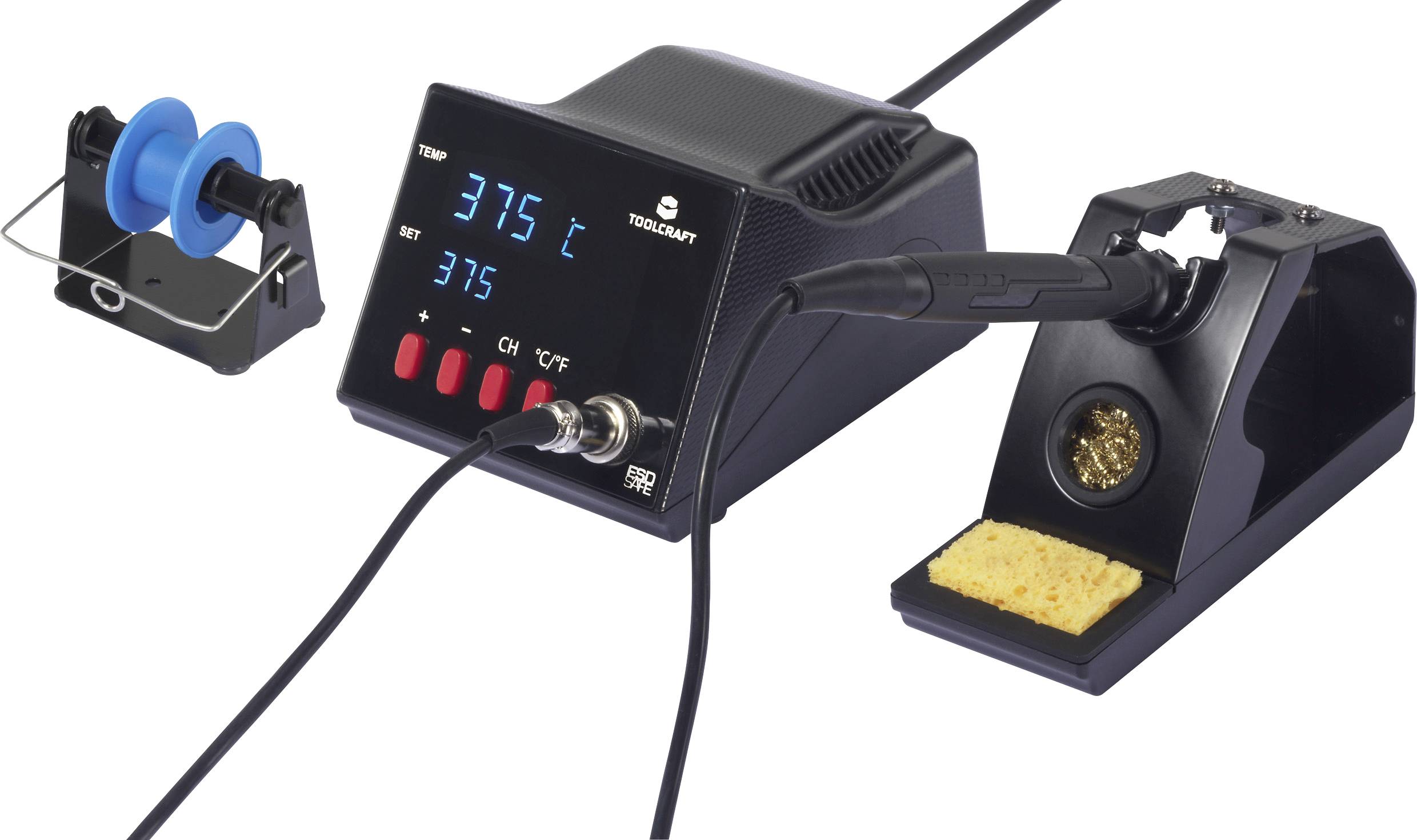 Soldering station with soldering iron, digital display, soldering accessories and sponge. Display shows temperature of 375 degrees Celsius.