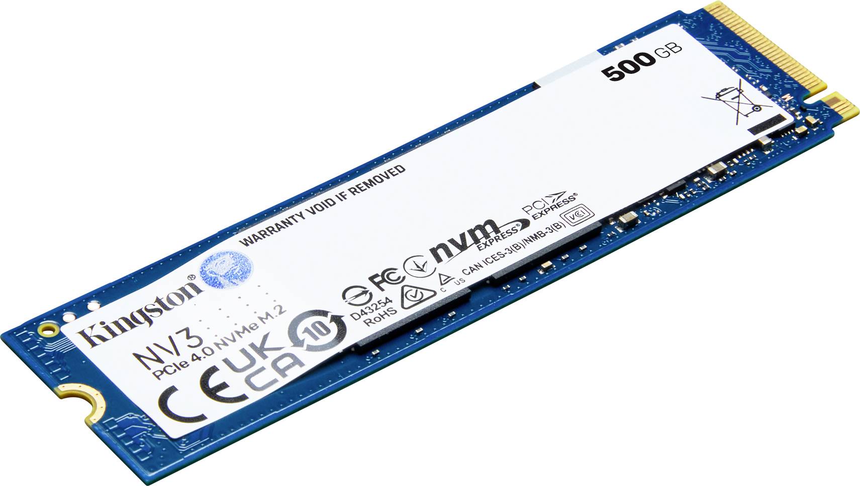 A Kingston NVMe SSD with 500 GB storage. Labels show details such as 'NV3 PCIe 4.0 NVMe M.2'.