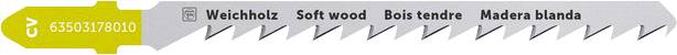 Sabre saw blade with serrated cutting edge, suitable for softwood. Text: 'Softwood, Softwood, Soft wood, Soft wood'