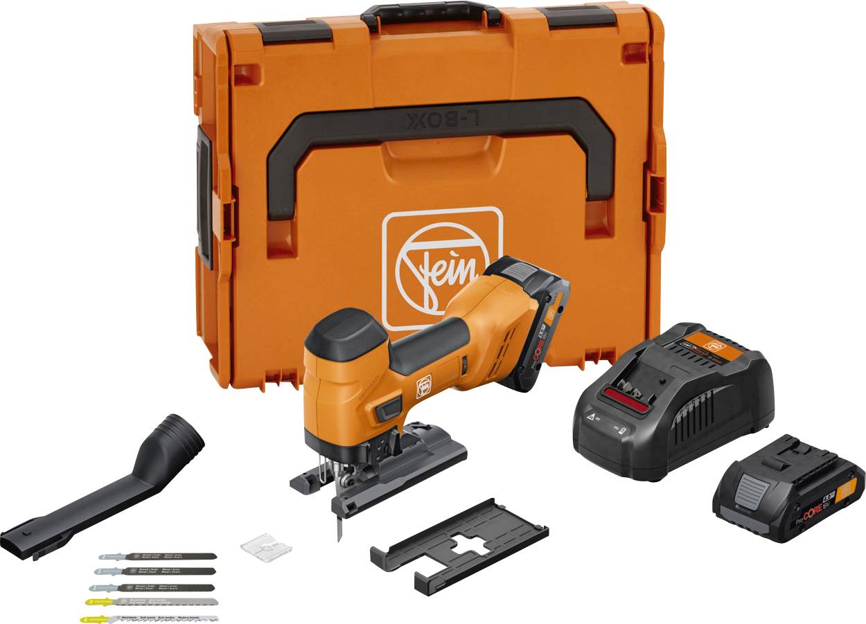 Cordless jigsaw set with an orange transport box, charger, battery, saw blades, and accessories. Brand name and model are visible.