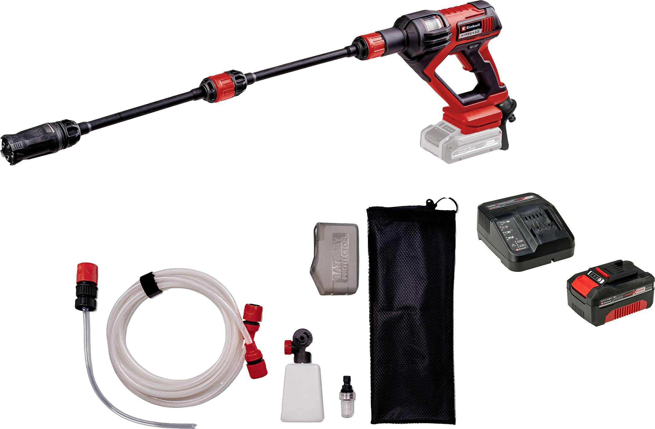 A cordless high-pressure cleaner with accessories: hose, nozzle, charger and battery. Suitable for outdoor cleaning tasks.