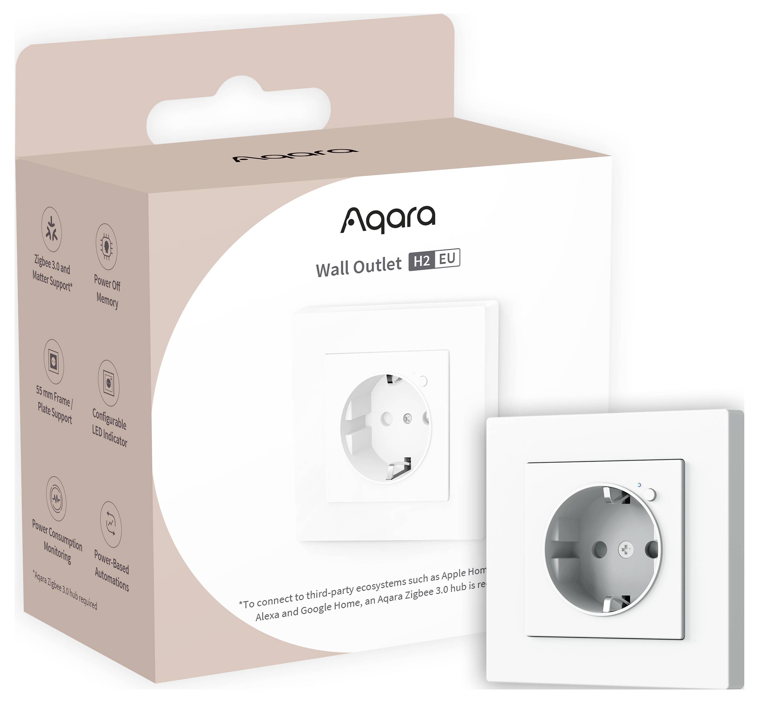 An Aqara Wall Socket H2 EU in its packaging. The socket is compatible with smart home systems such as Apple HomeKit and Alexa.