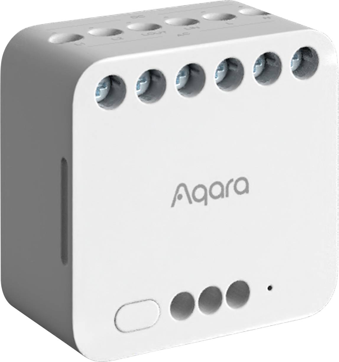 A white, square smart home switching module with multiple terminal blocks on top and the inscription 'Aqara' on the front.