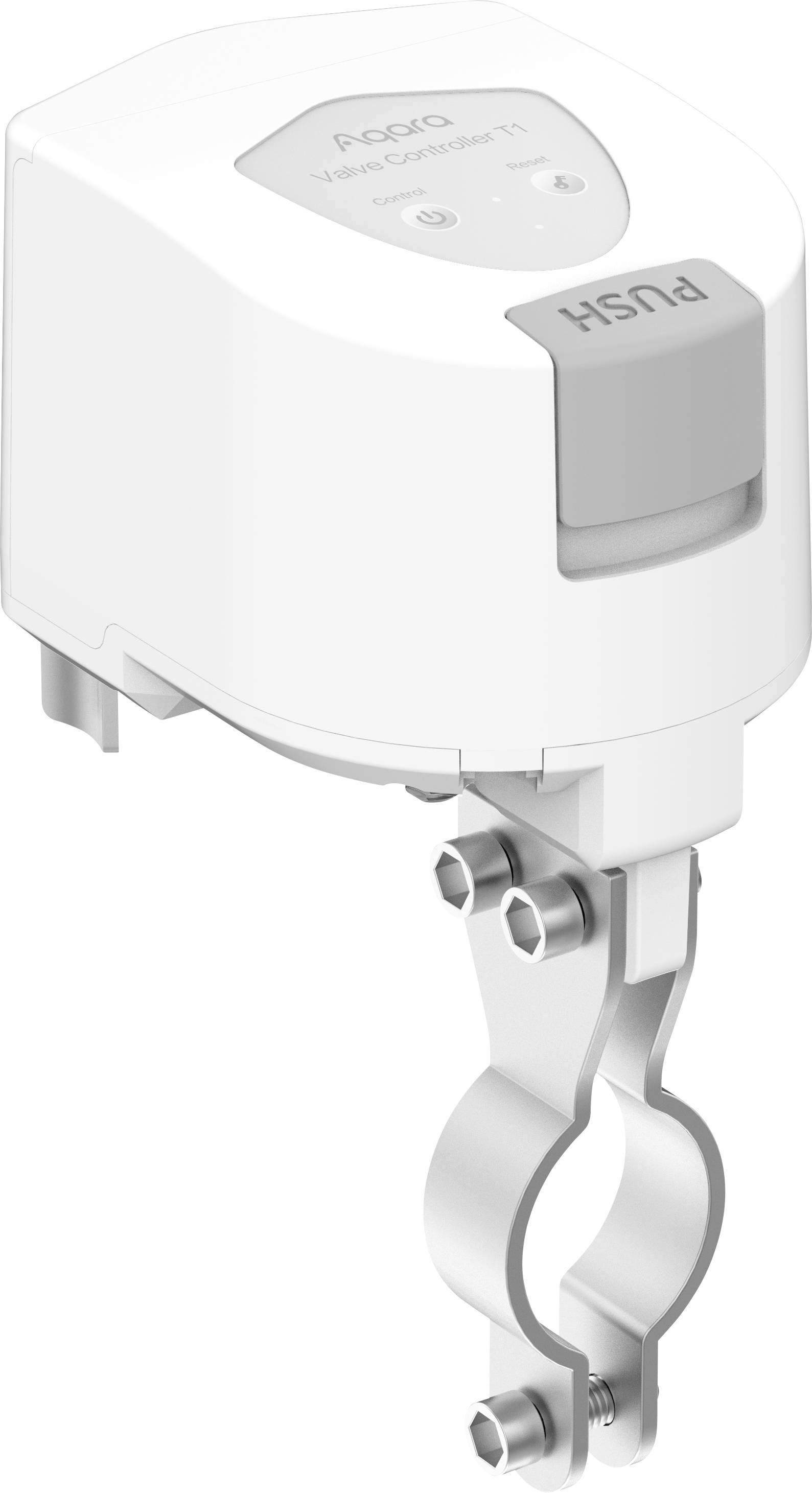 A white, electronic valve device with 'PUSH' written on a button. It has a metallic handle for attaching to pipes.