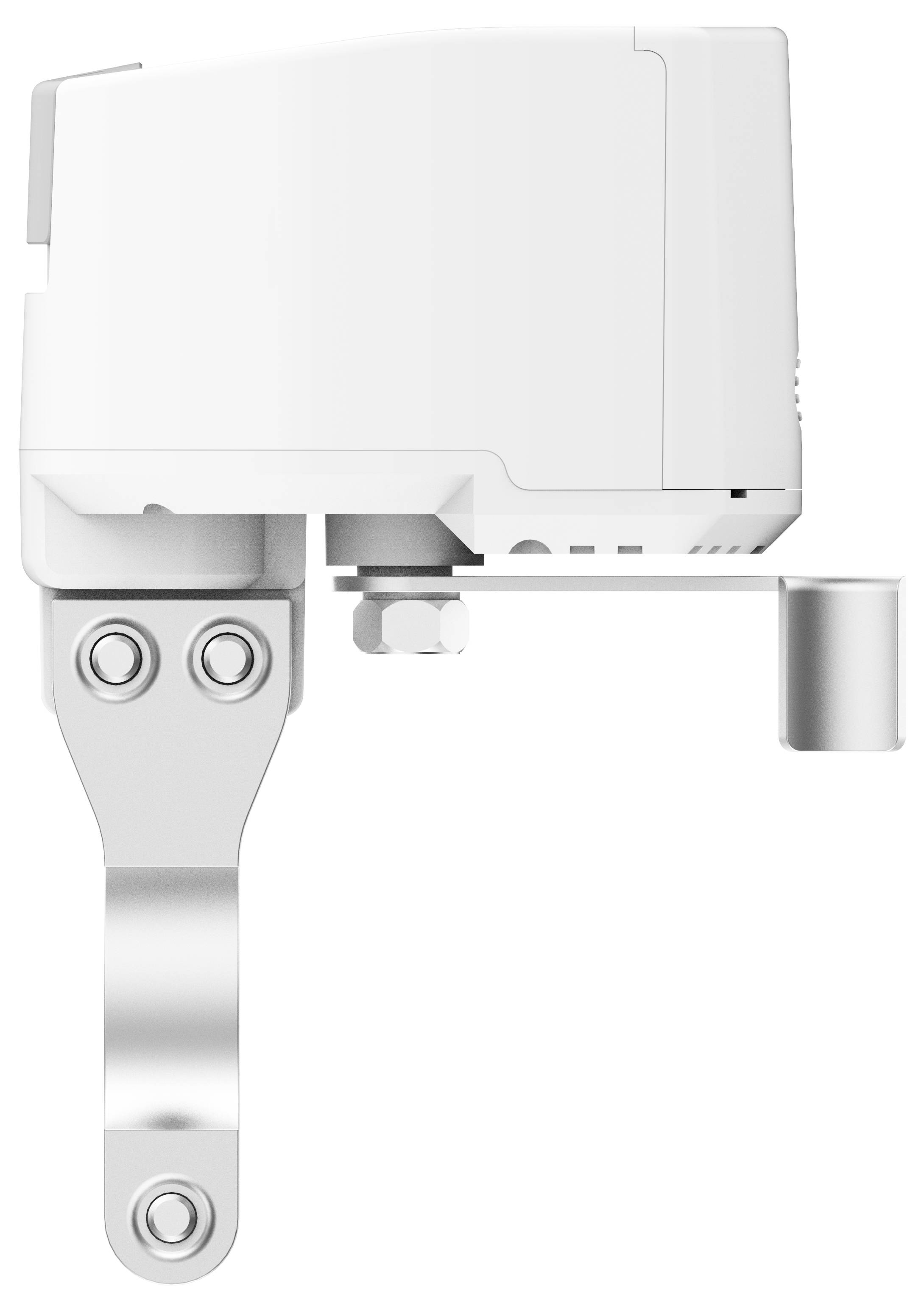A white, compact device with metal mounting, possibly a sensor or actuator, mountable on various surfaces.
