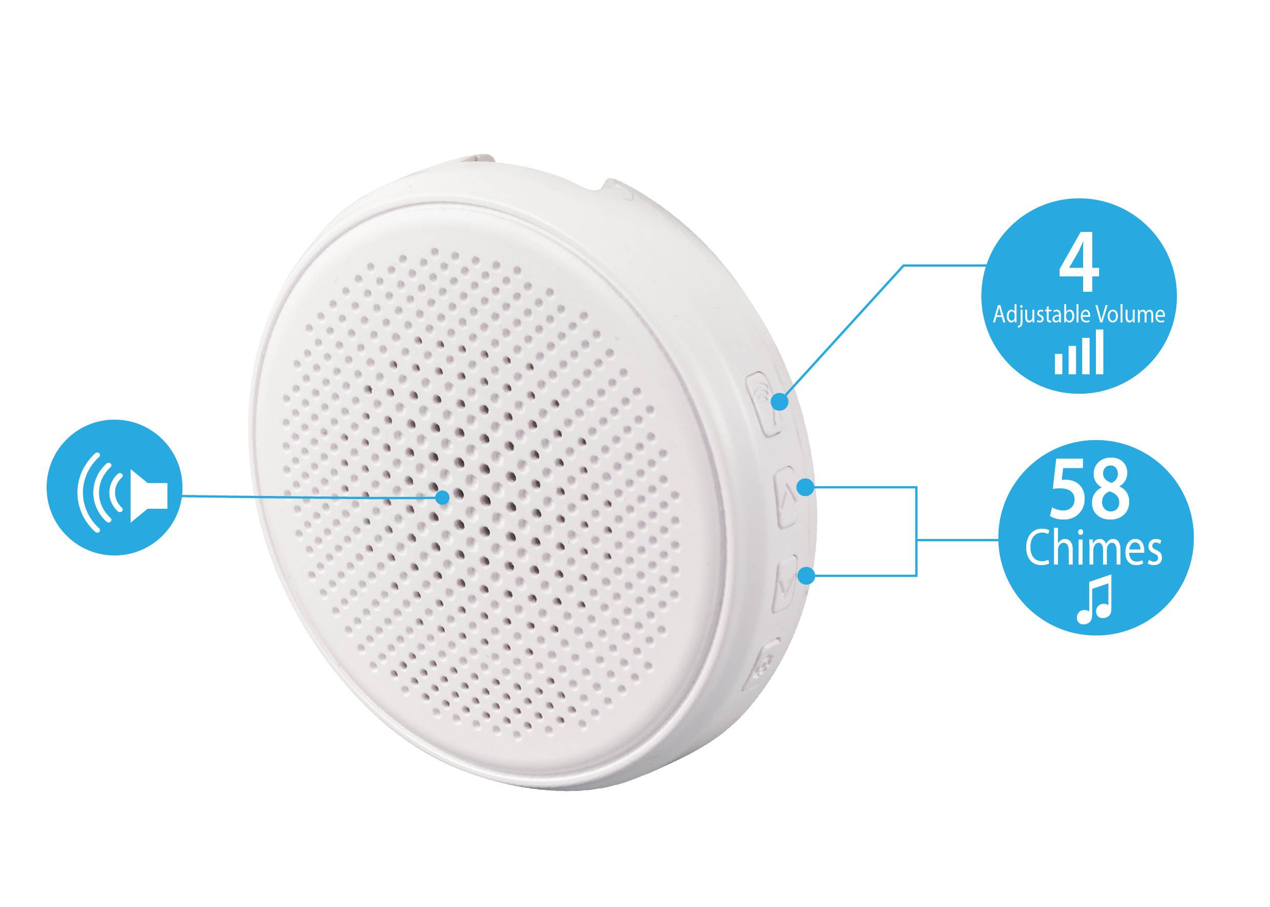 A round, white speaker with buttons on the side offers 4 volume levels and 58 ringtone choices.