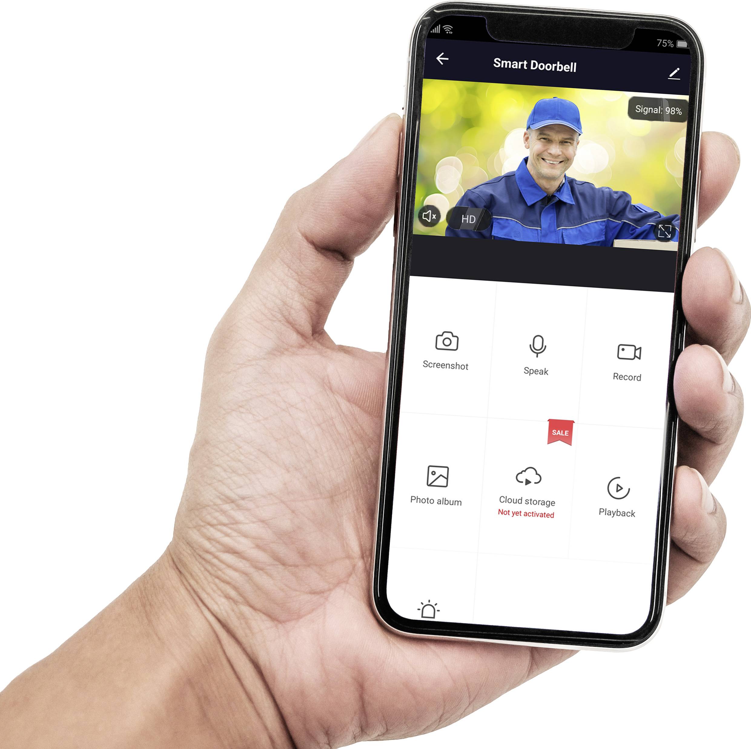 A hand is holding a smartphone with an open app called 'Smart Doorbell', displaying an image of a smiling delivery person.