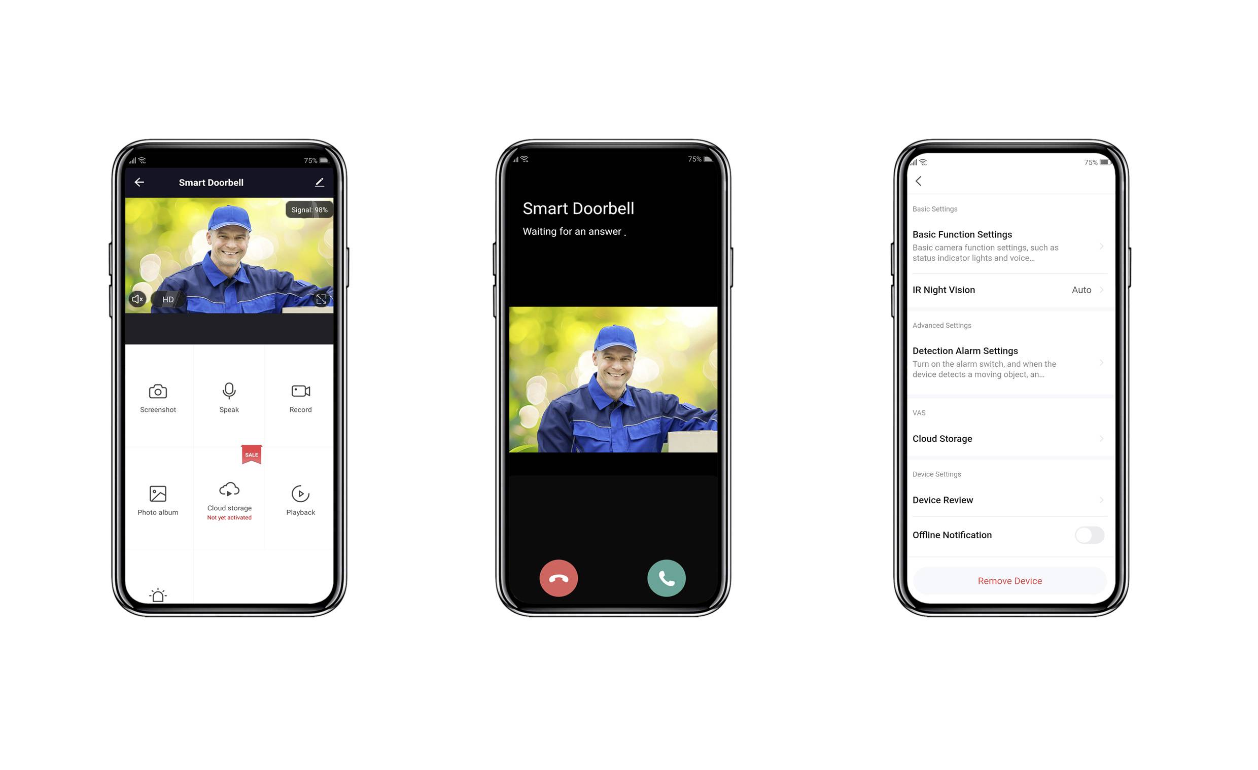 Three smartphone screens display a smart doorbell app: menu view, video call with a person in uniform, and settings.