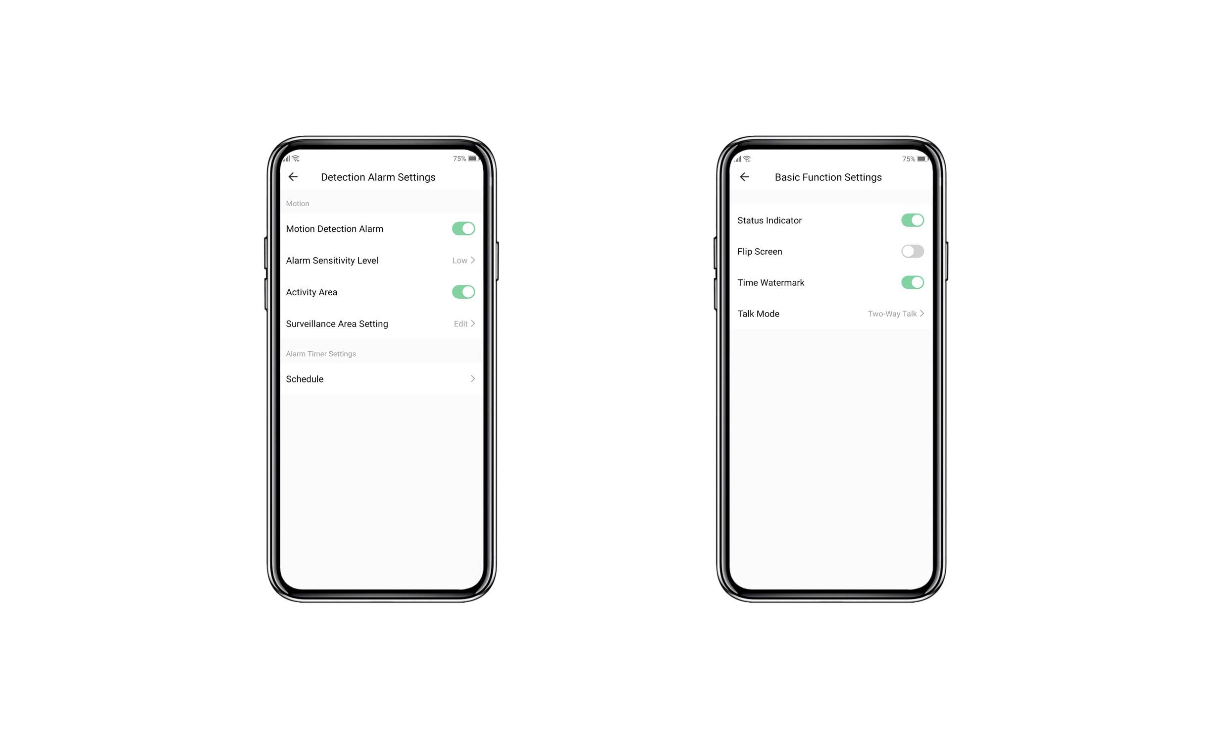 Two smartphone screens display settings. Left: 'Detection Alarm Settings' with activity options. Right: 'Basic Function Settings' with time and status options.