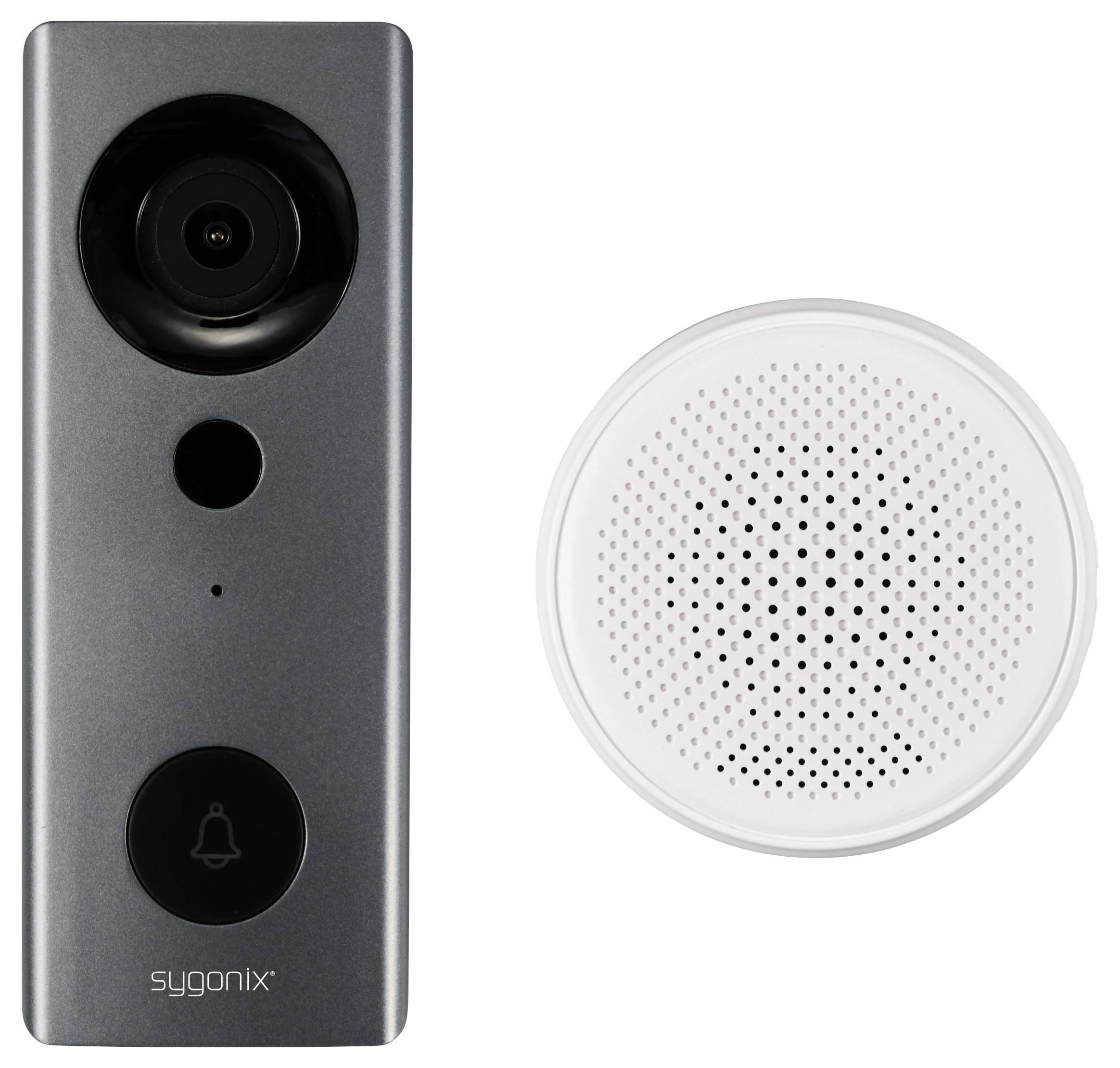 Doorbell with camera, microphone and speaker on the left; round, white speaker on the right; brand 'Sygonix'.