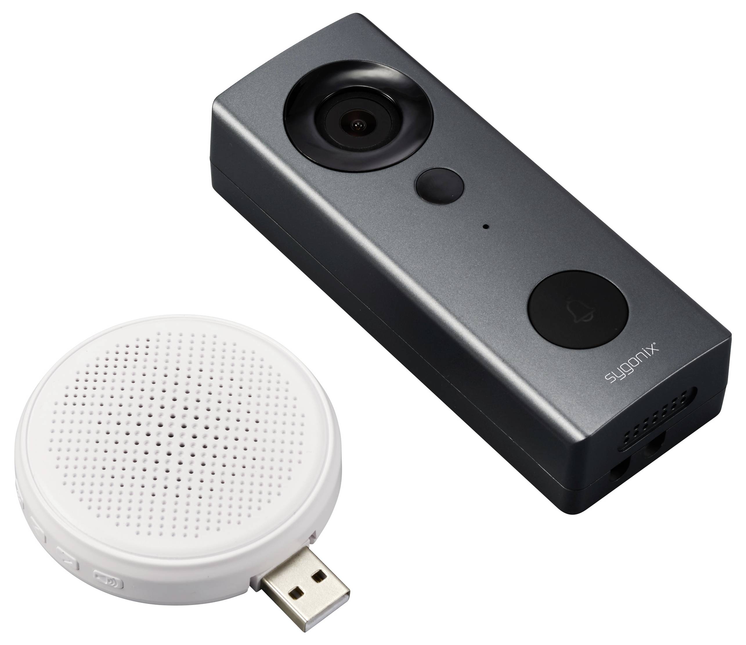 A rectangular, black camera device and a round, white USB speaker module, suitable for surveillance purposes.