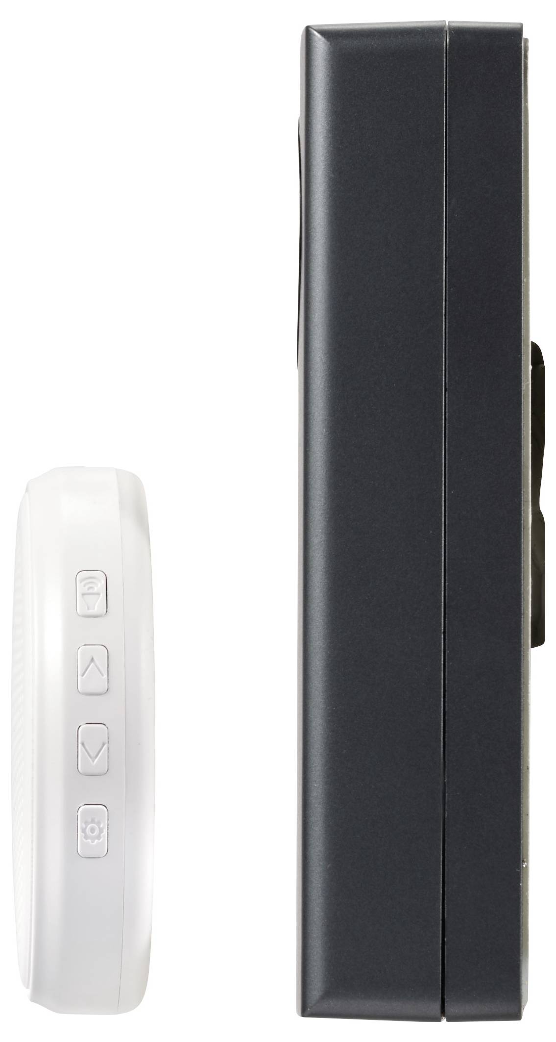 Side view of two devices: on the left, a white device with three buttons, on the right, a larger black device without visible buttons.