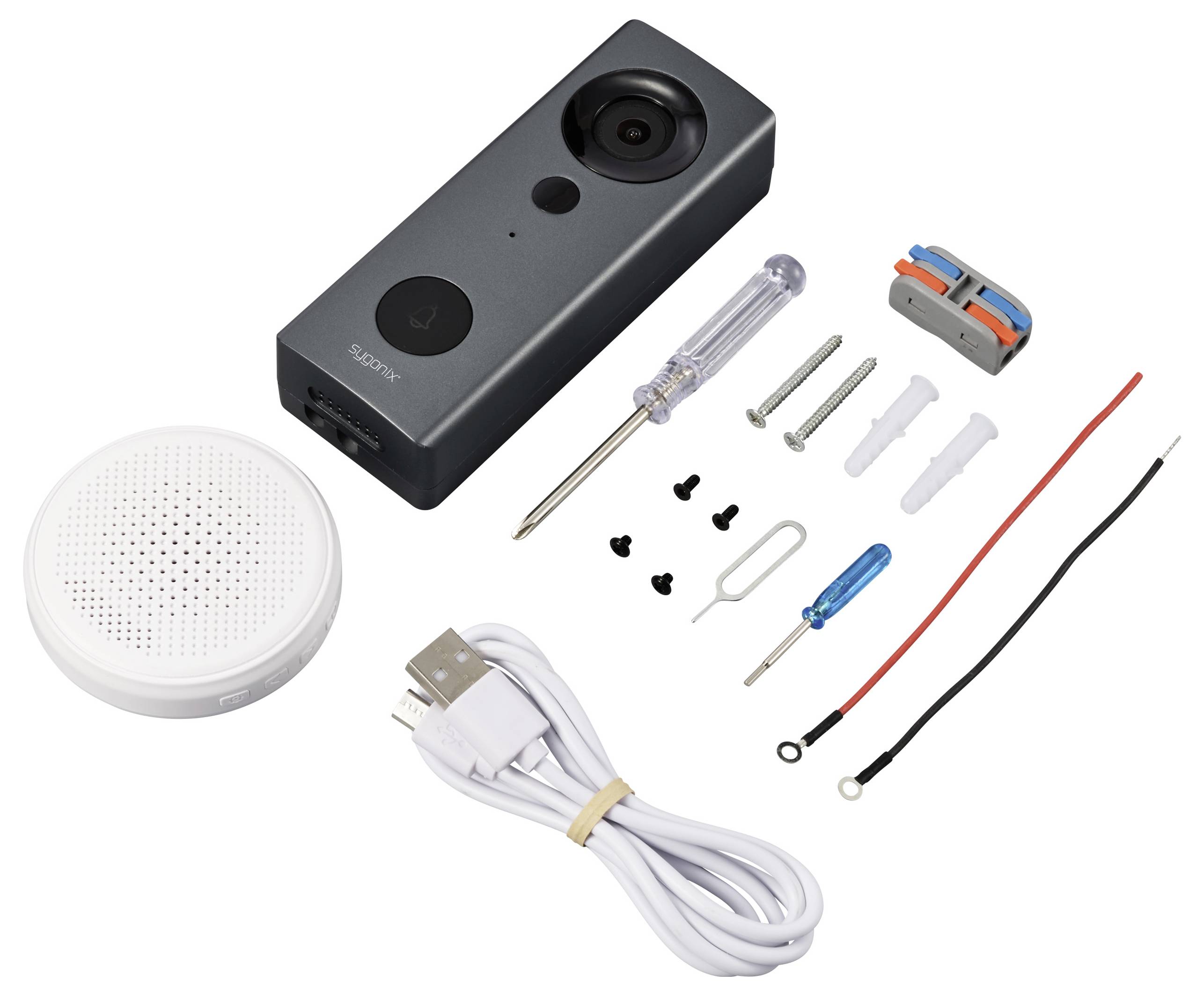 Doorbell set with camera, speaker, screwdriver, screws, wall plugs, USB cable and wires. Includes installation tools.