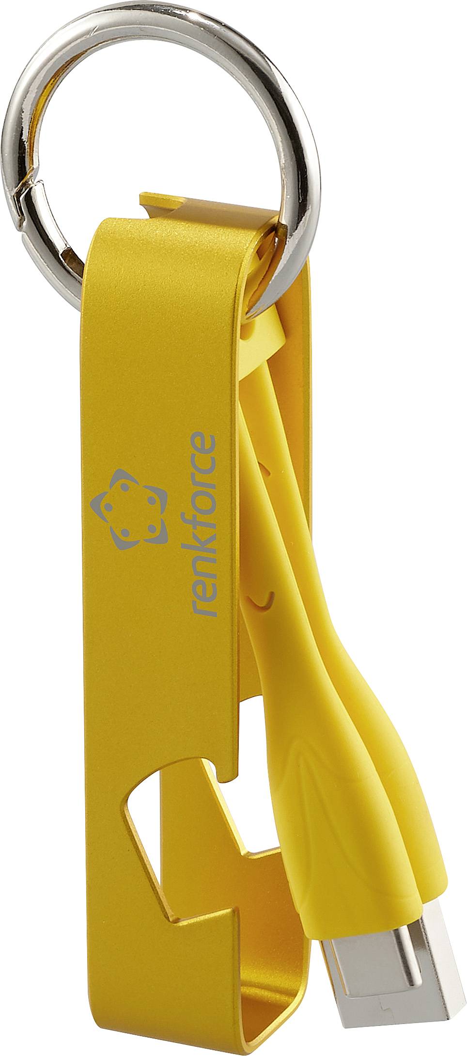 A yellow keyring with an integrated USB charging cable and 'renkforce' printed on it, suitable for keys or attaching to a bag.