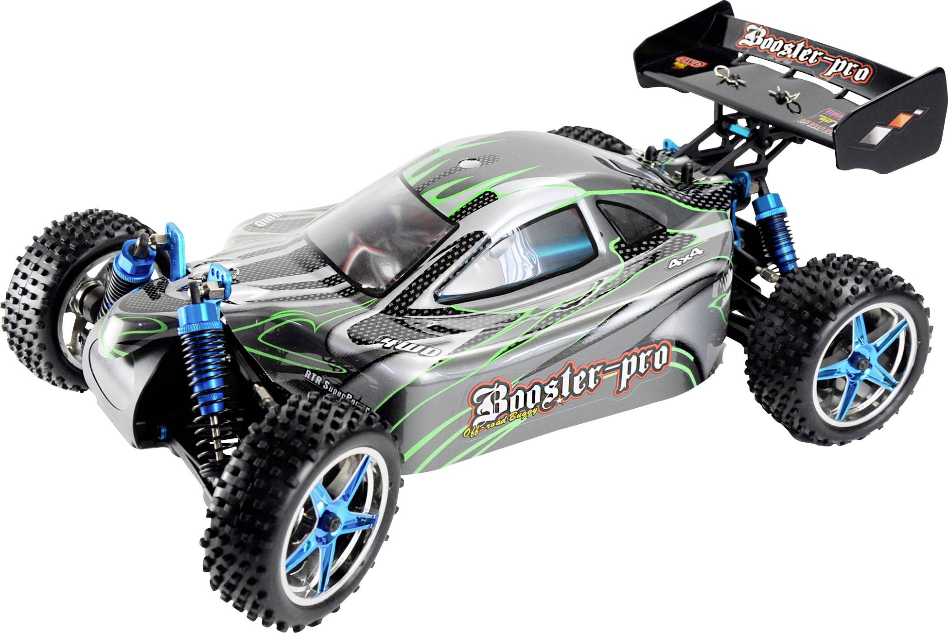 A remote-controlled car in racing car design with blue wheels and green graphics on the casing.