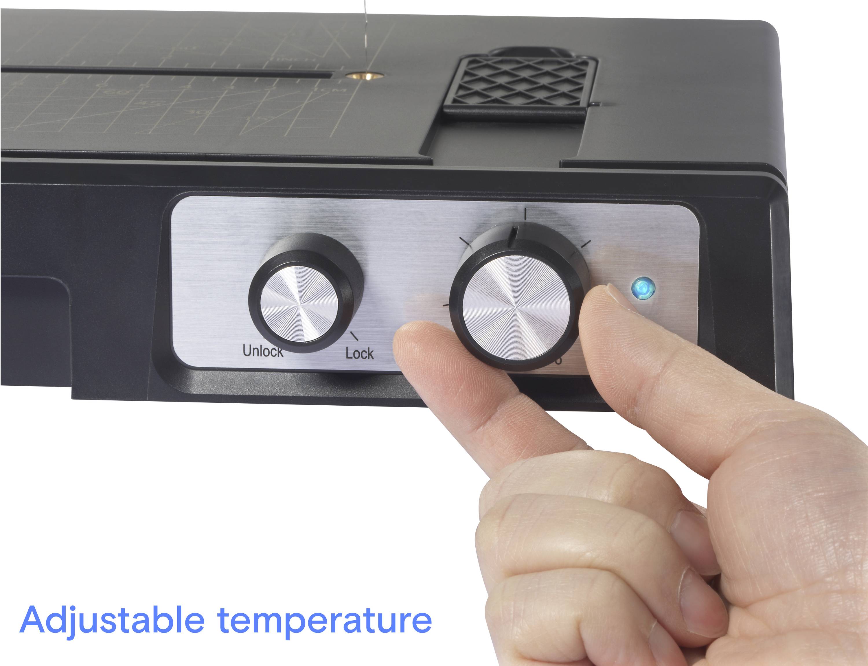 A hand adjusts a temperature control knob on a device, labeled 'Unlock' and 'Lock', with a small blue indicator light on. A caption reads 'Adjustable temperature'.