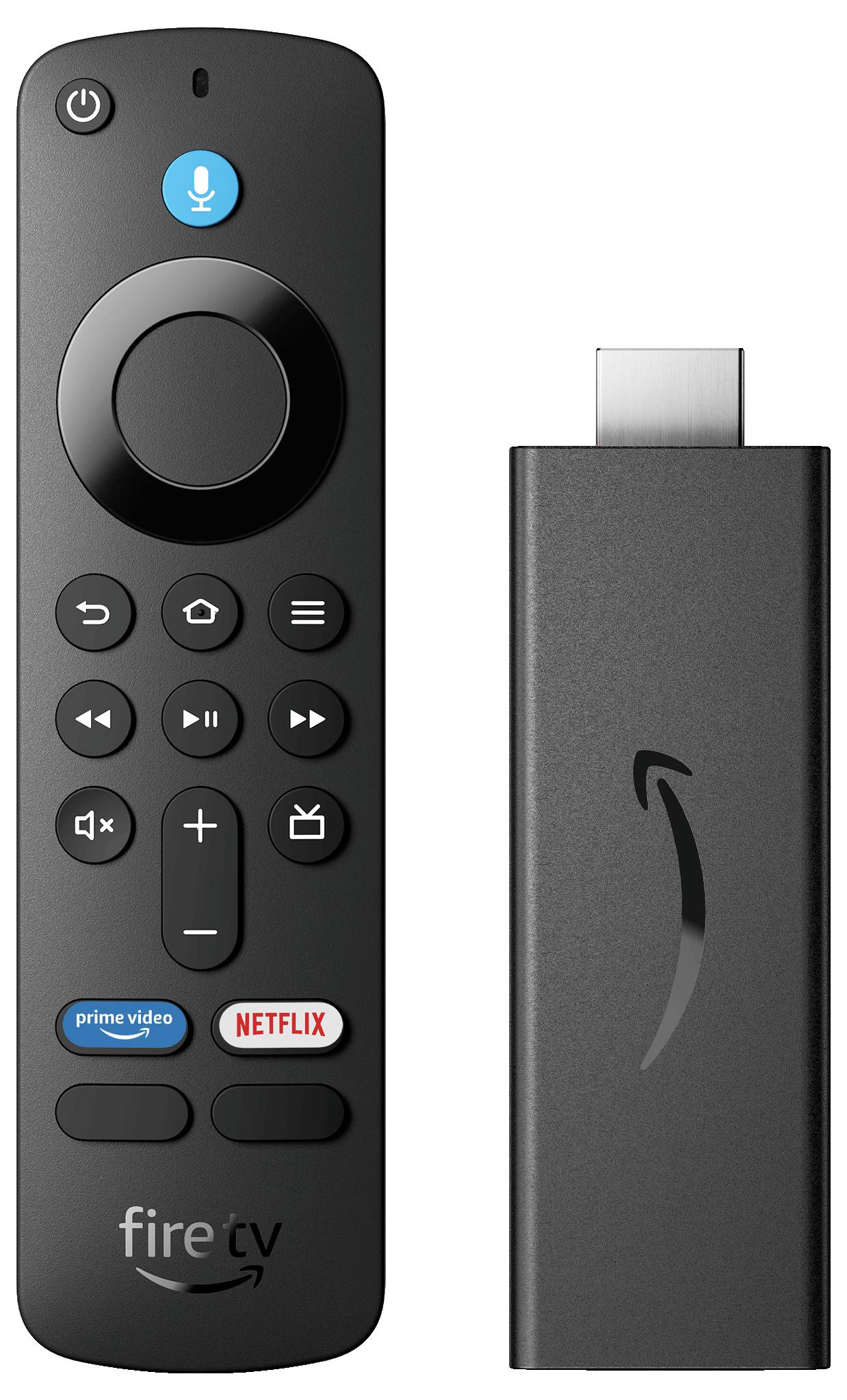 A black remote control and a streaming device, labelled 'fire TV', shown with buttons for 'Prime Video' and 'Netflix'.