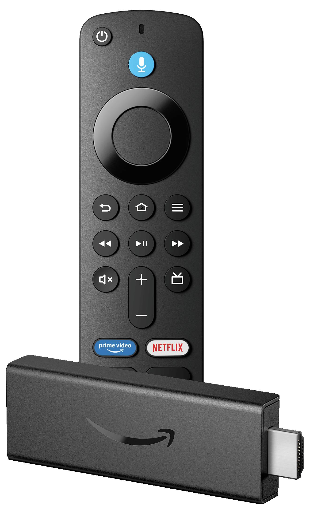 Black TV streaming stick with remote control, volume buttons, microphone, Prime Video and Netflix buttons. The stick features an Amazon logo.