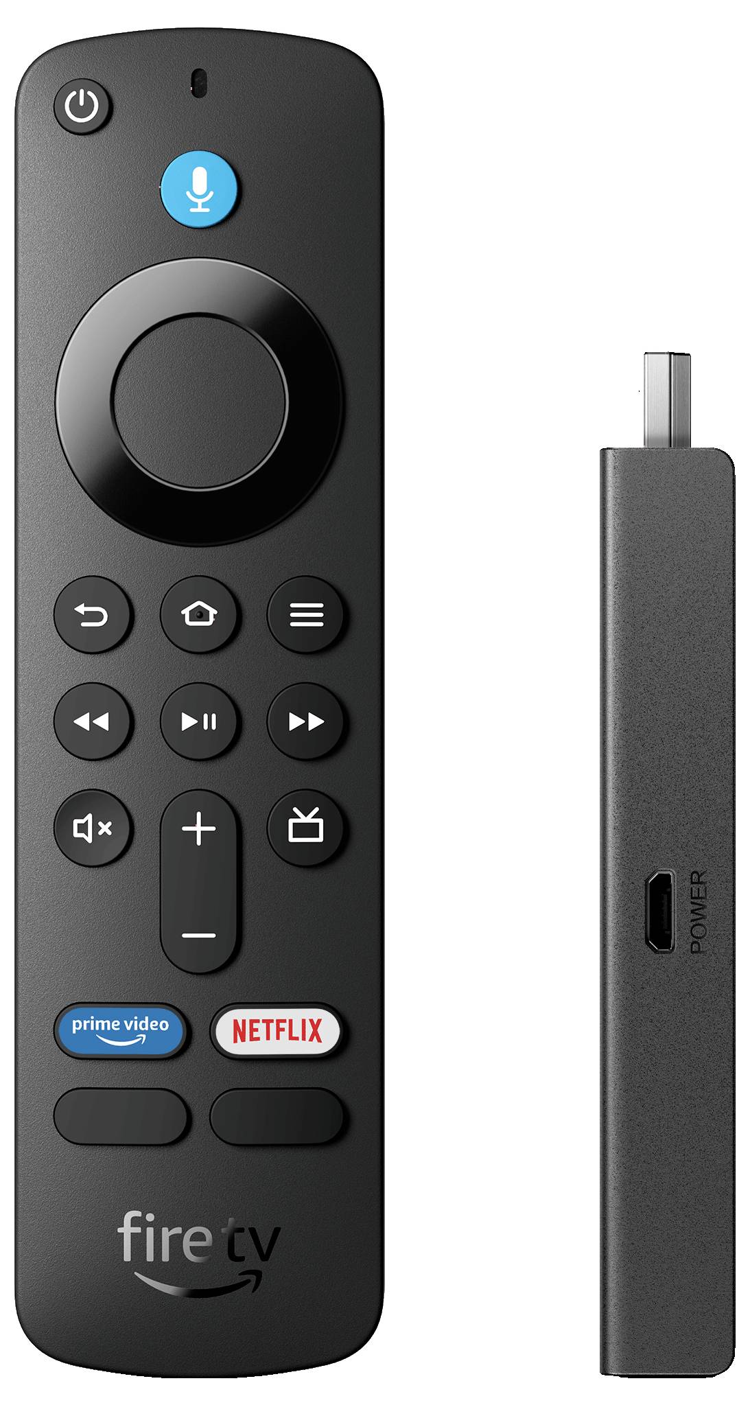 A black remote control with blue, white, and red buttons for voice control, Prime Video, and Netflix. Beside it, an HDMI streaming stick.