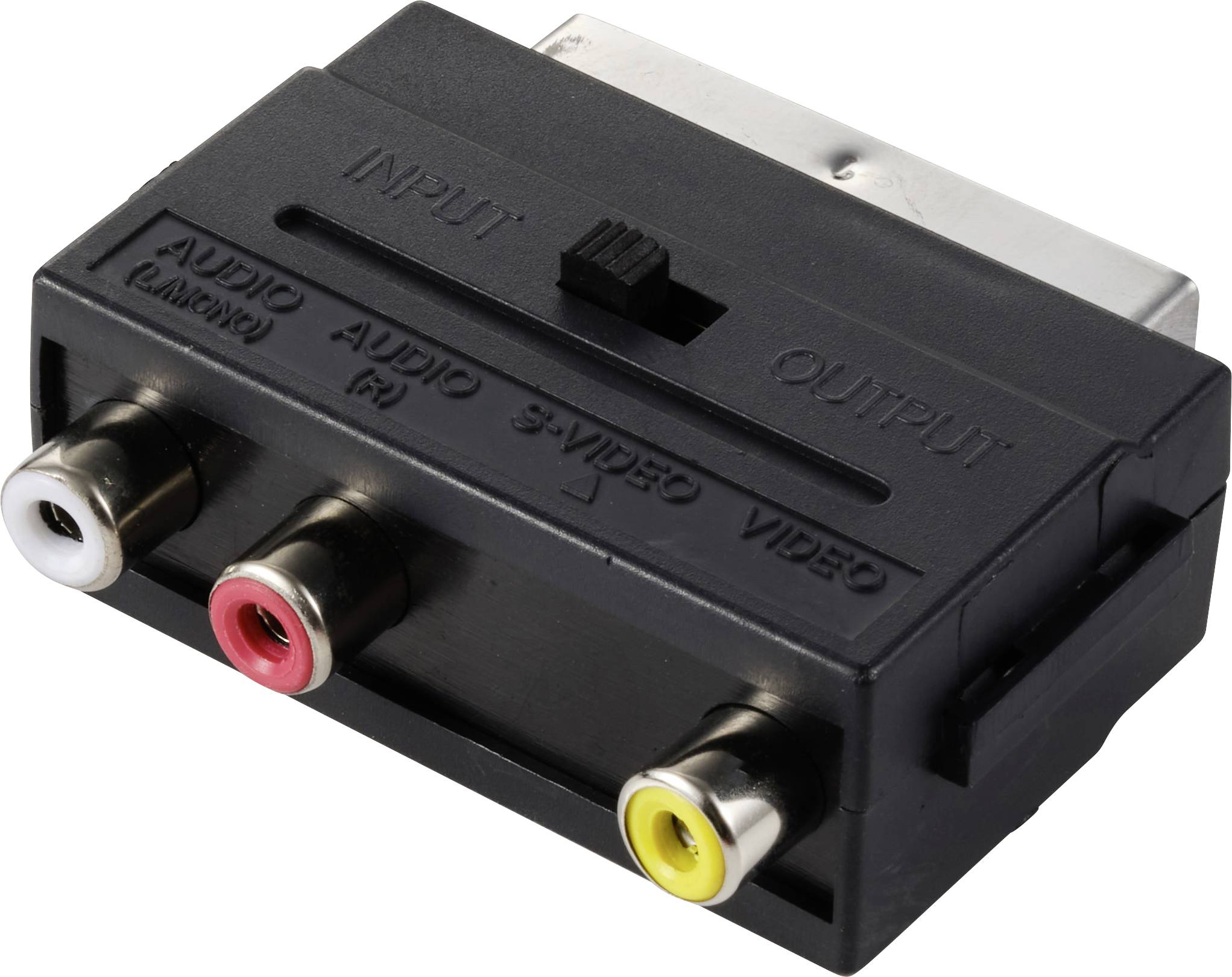 Black SCART adapter with input and output sockets for audio (left/right) and video (S-Video and Composite).