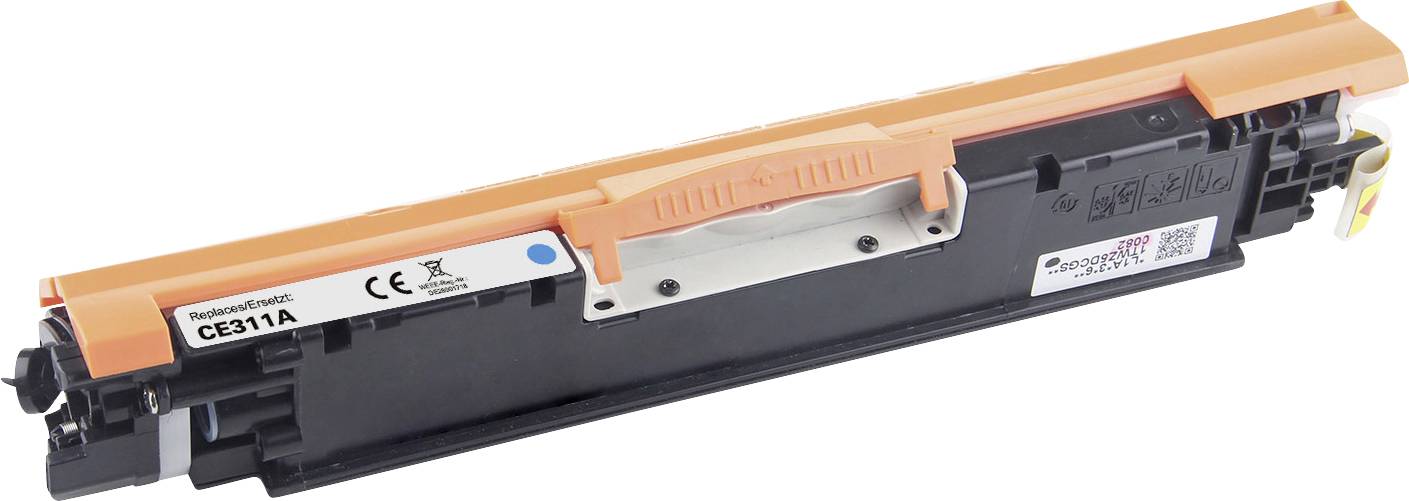 An orange printer toner cartridge with the marking 'CE311A' and various certification symbols.