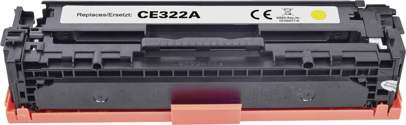 Black toner cartridge with the inscription 'Replaces/Replaces: CE322A'. Several CE and recycling symbols are visible on it.