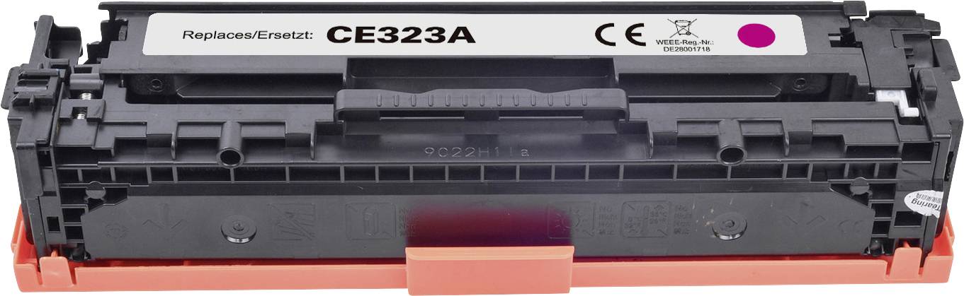 Toner cartridge with the inscription 'Replaces CE323A', compatible with certain printer models. A pink dot is located at the top.