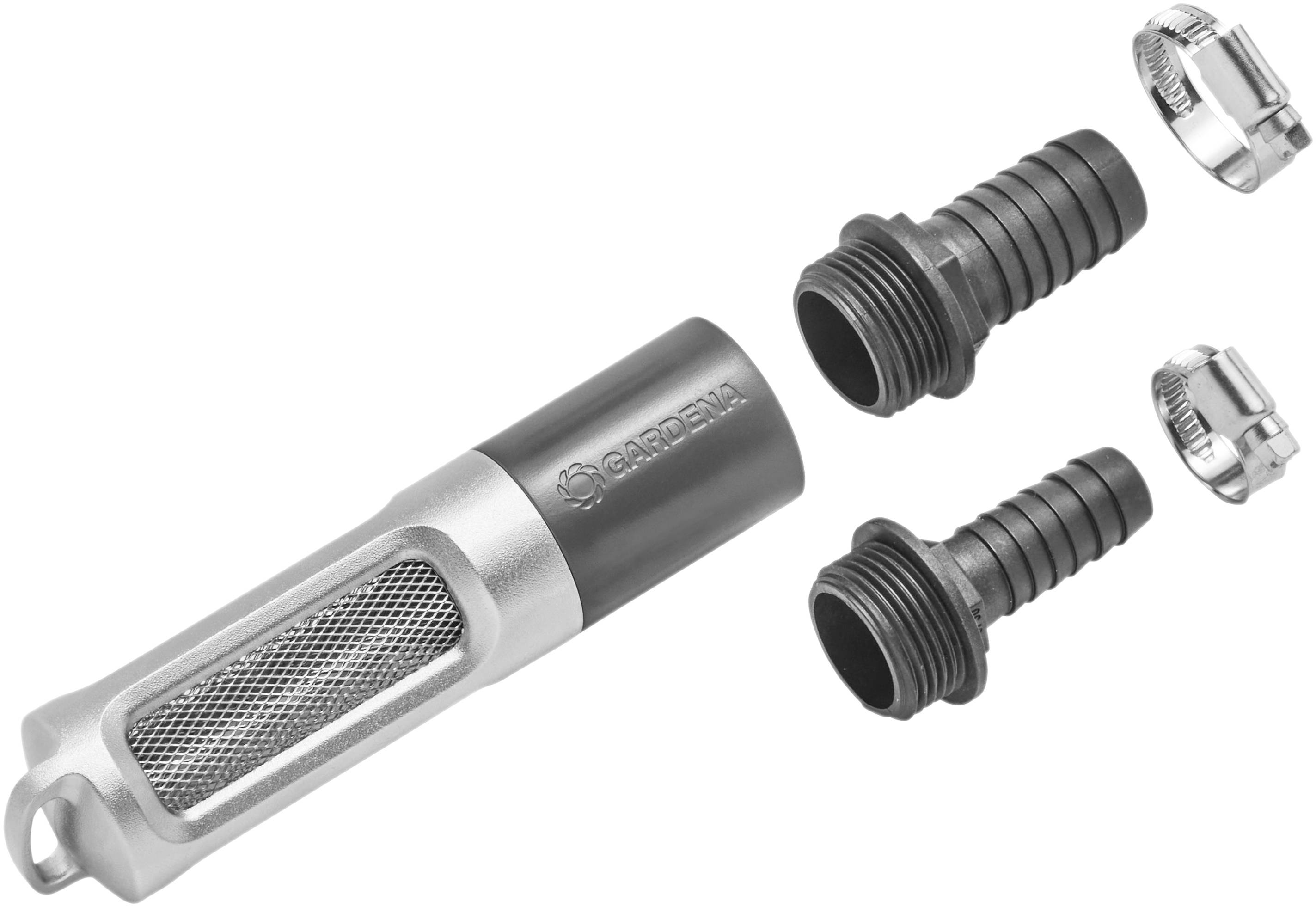 Metal filter set with two hose nozzles and two hose clips. Used in garden systems for water filtration.