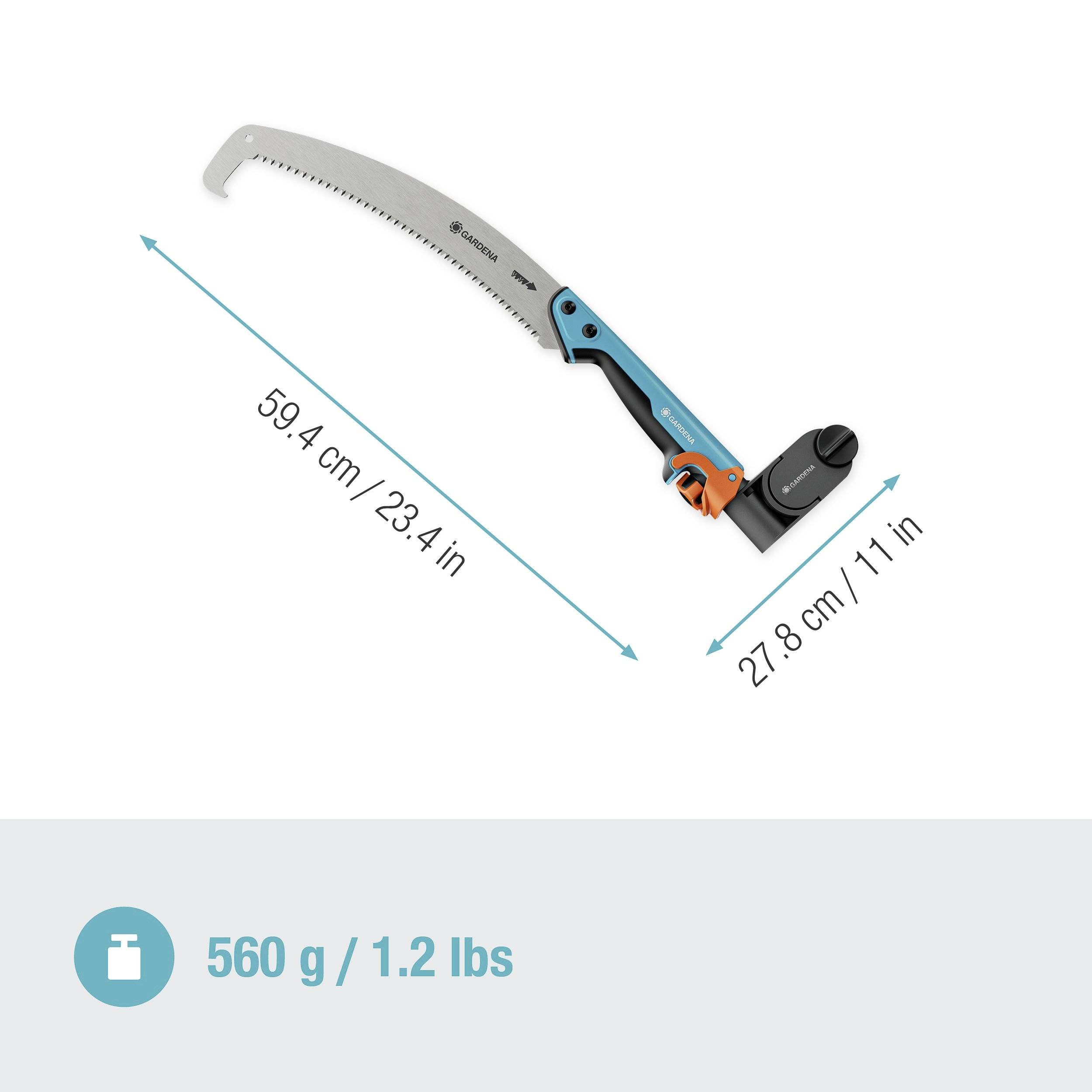 A saw with a blade length of 59.4 cm and a weight of 560 g. The total length is 27.8 cm.