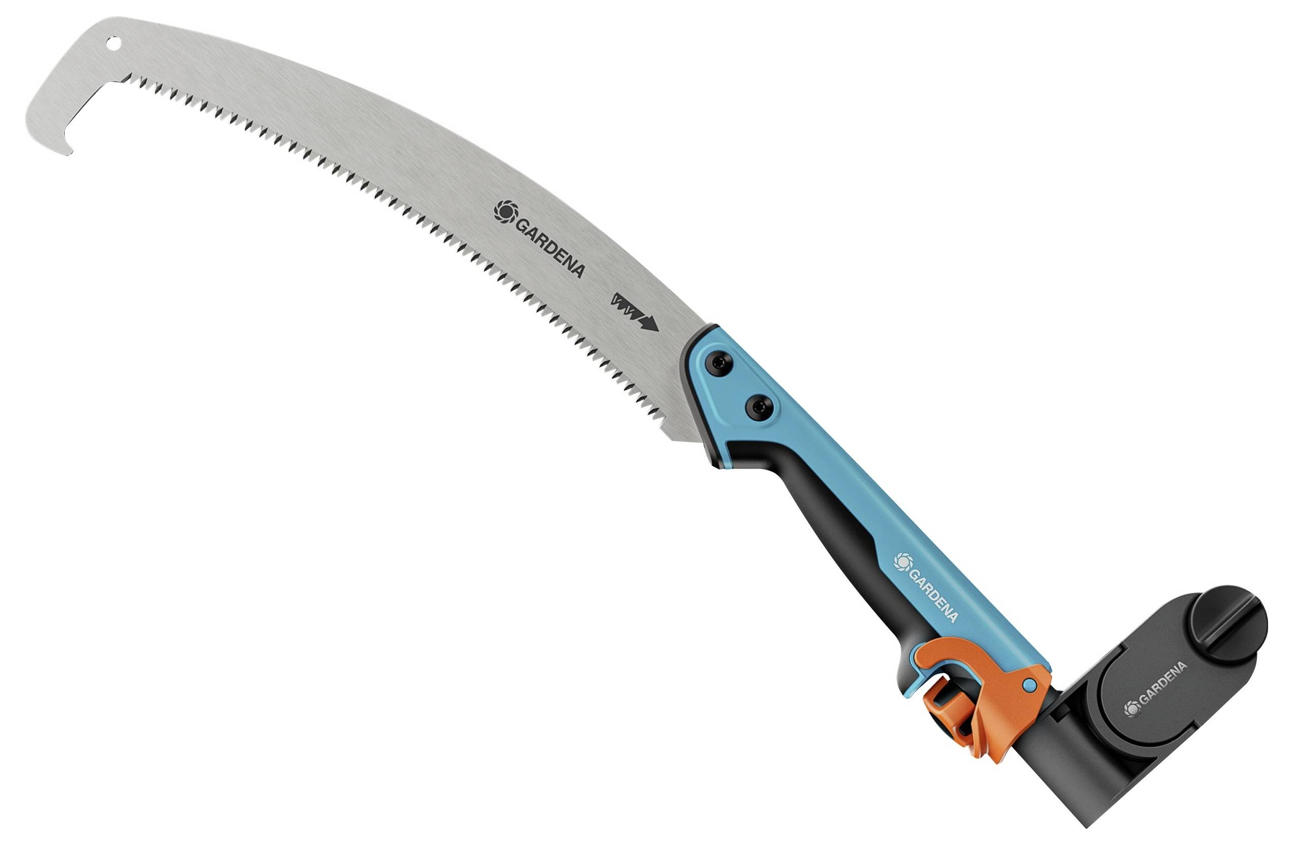 Garden saw with a long curved saw blade and ergonomic handle, suitable for cutting branches and smaller trees.
