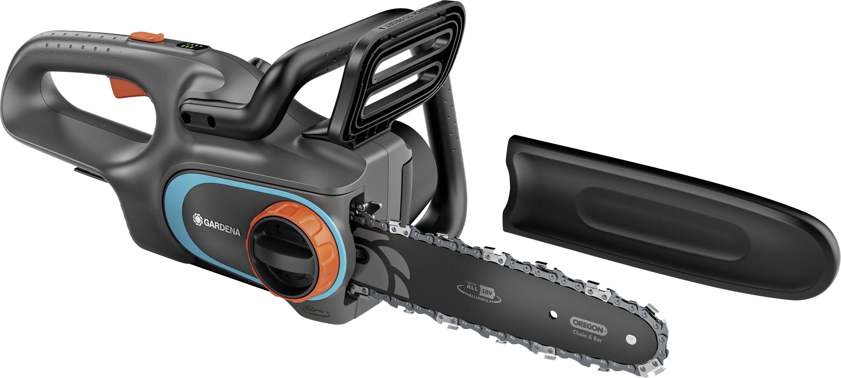 A black and grey electric chainsaw with orange accents. The chain is covered with a black protective sheath.