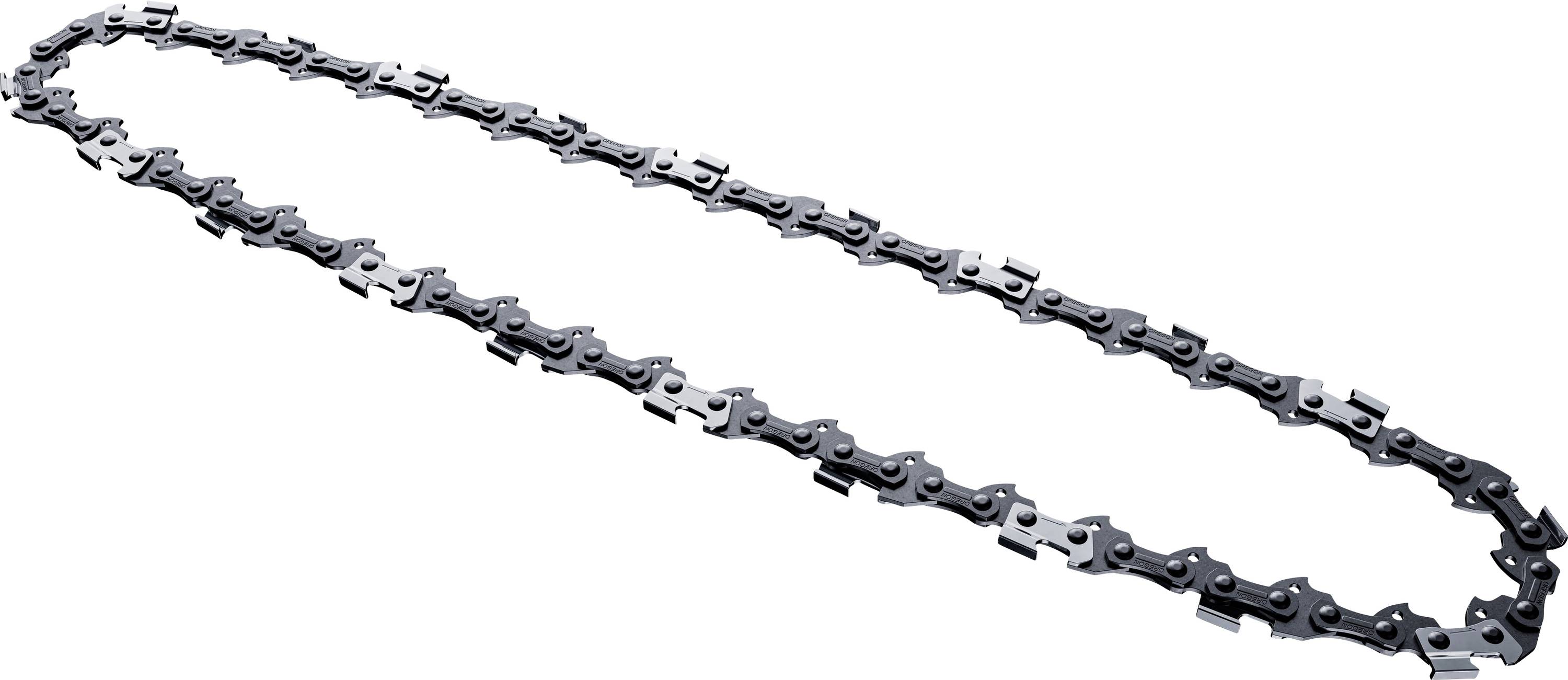 A metal chainsaw chain in an oval shape lies on a white background.