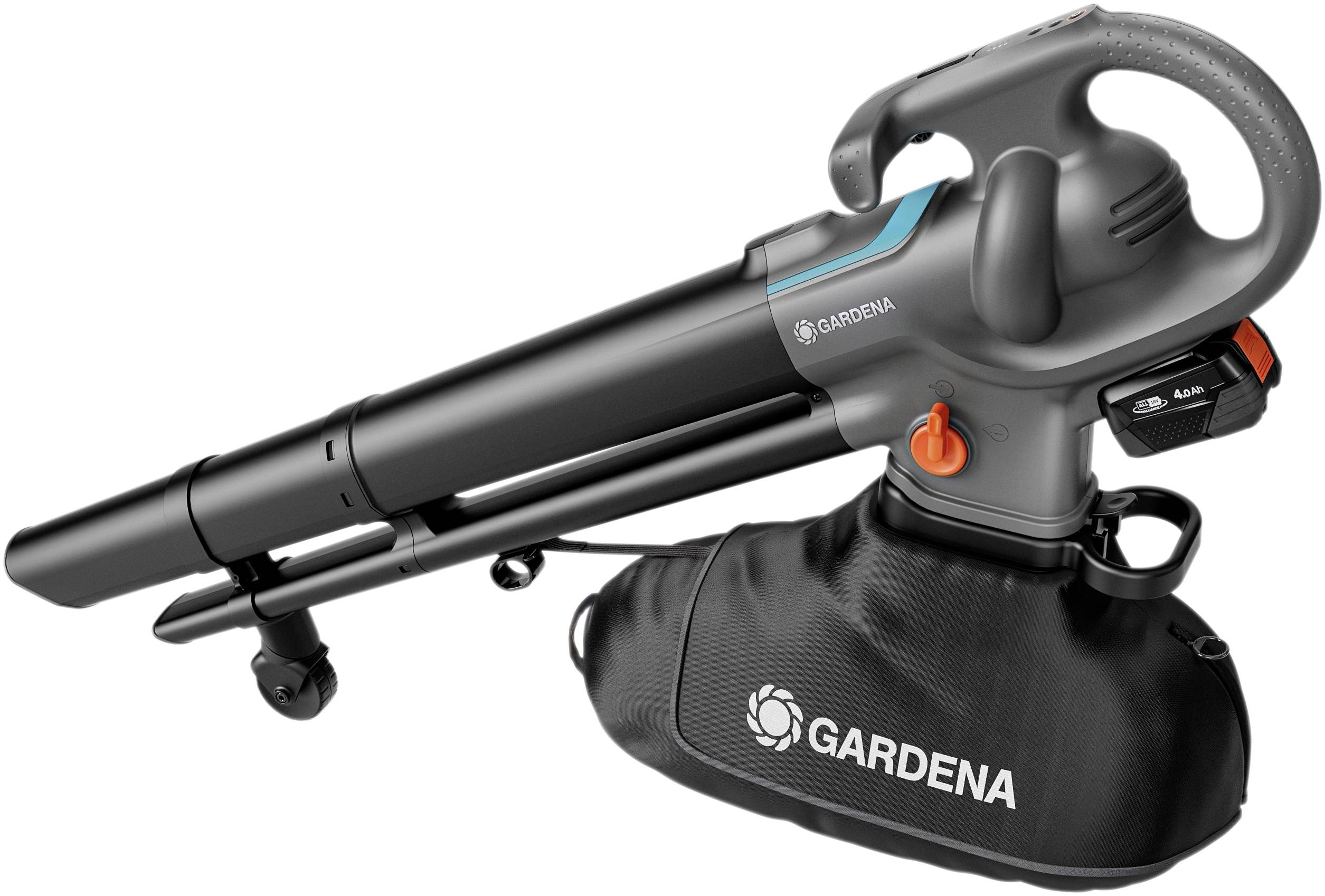 Garden tool leaf blower and vacuum by GARDENA, black and grey in colour, with removable collection bag and ergonomic handle.