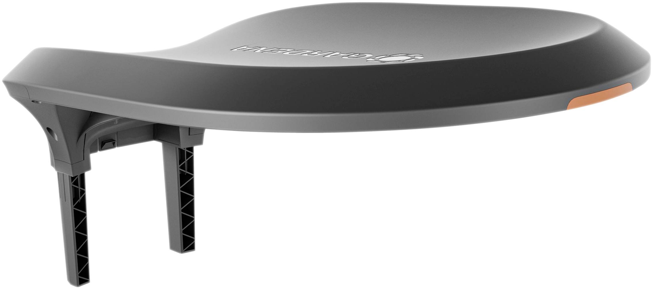 A black, oval object with two mounted brackets, possibly a satellite dish or antenna accessory.