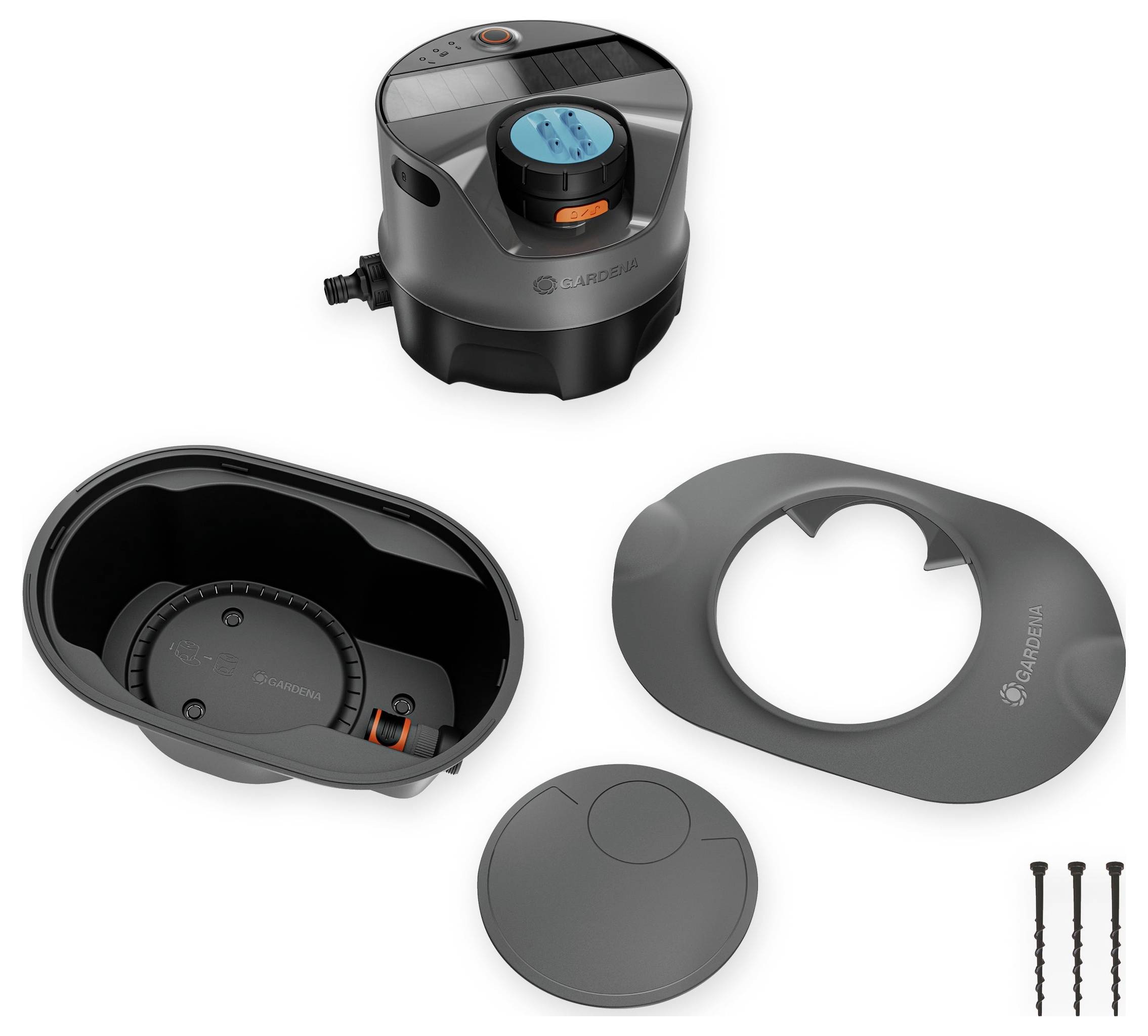 Irrigation valve with timer and protective cover, top view. Includes mounting hardware and screws for installation.